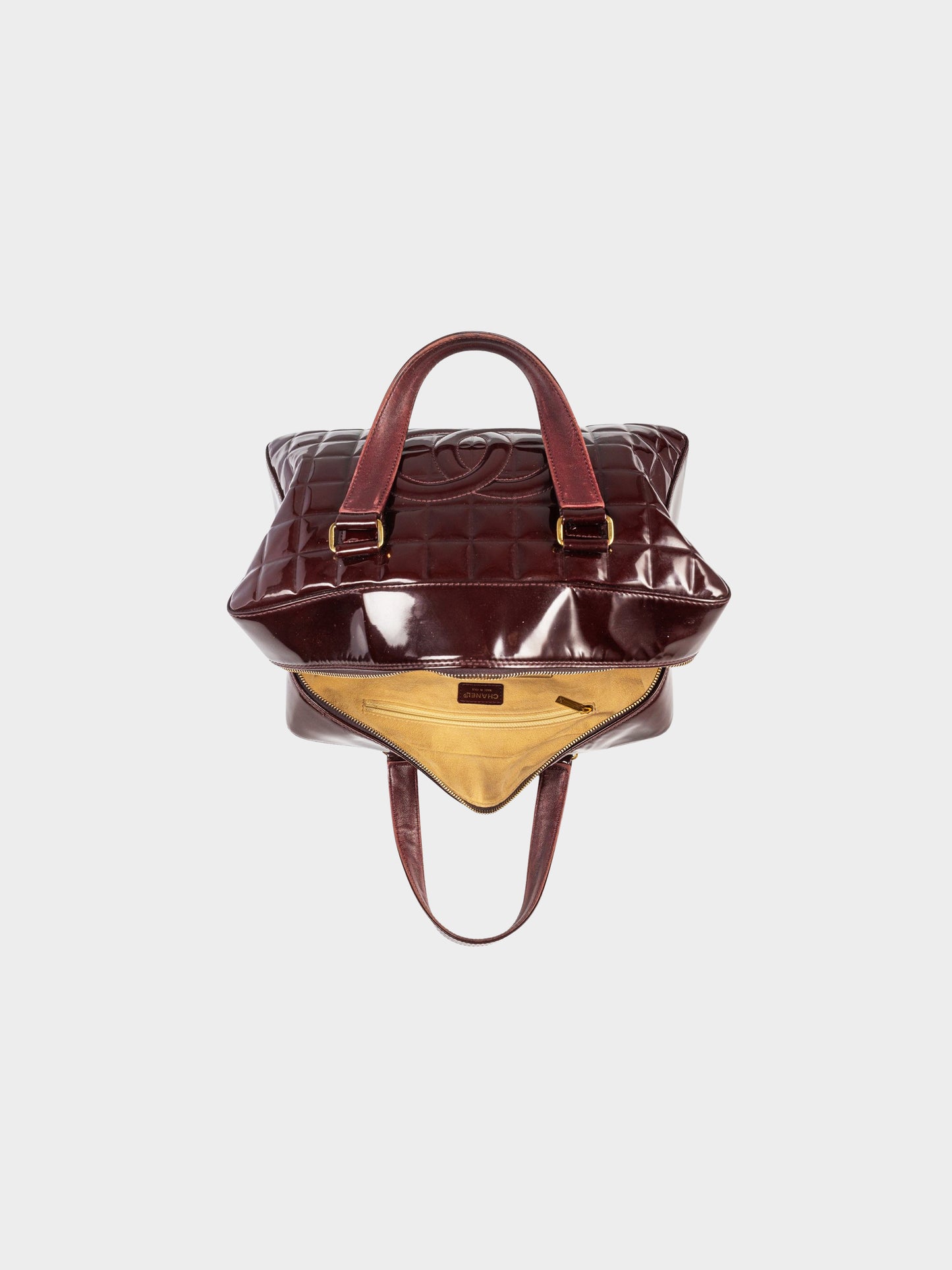 Chanel 2002-2003 Burgundy Patent Leather Chocolate Bar Quilted Bowler Bag