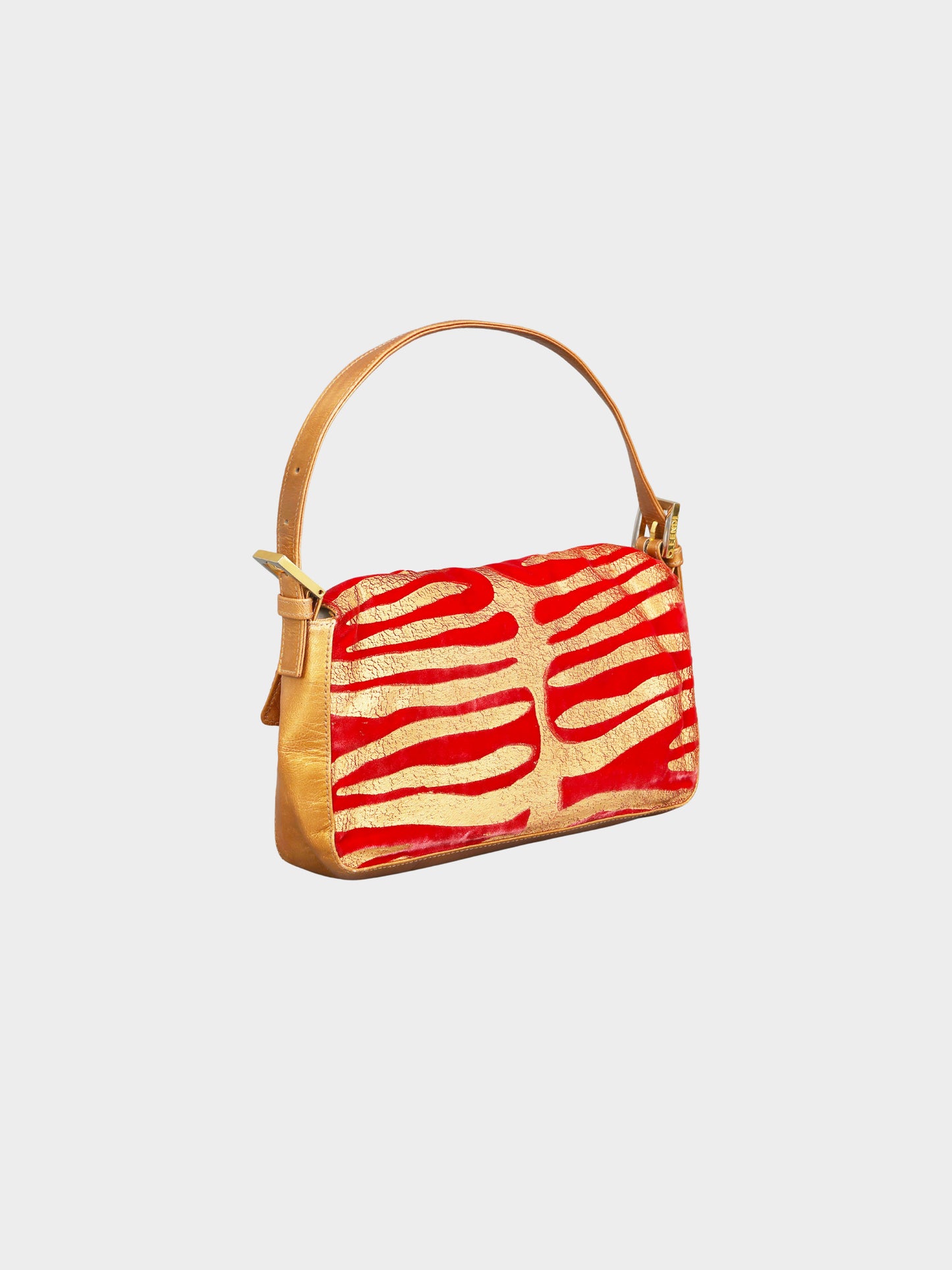 Fendi 2000s Rare Gold Leather and Red Velvet Zebra Print Baguette