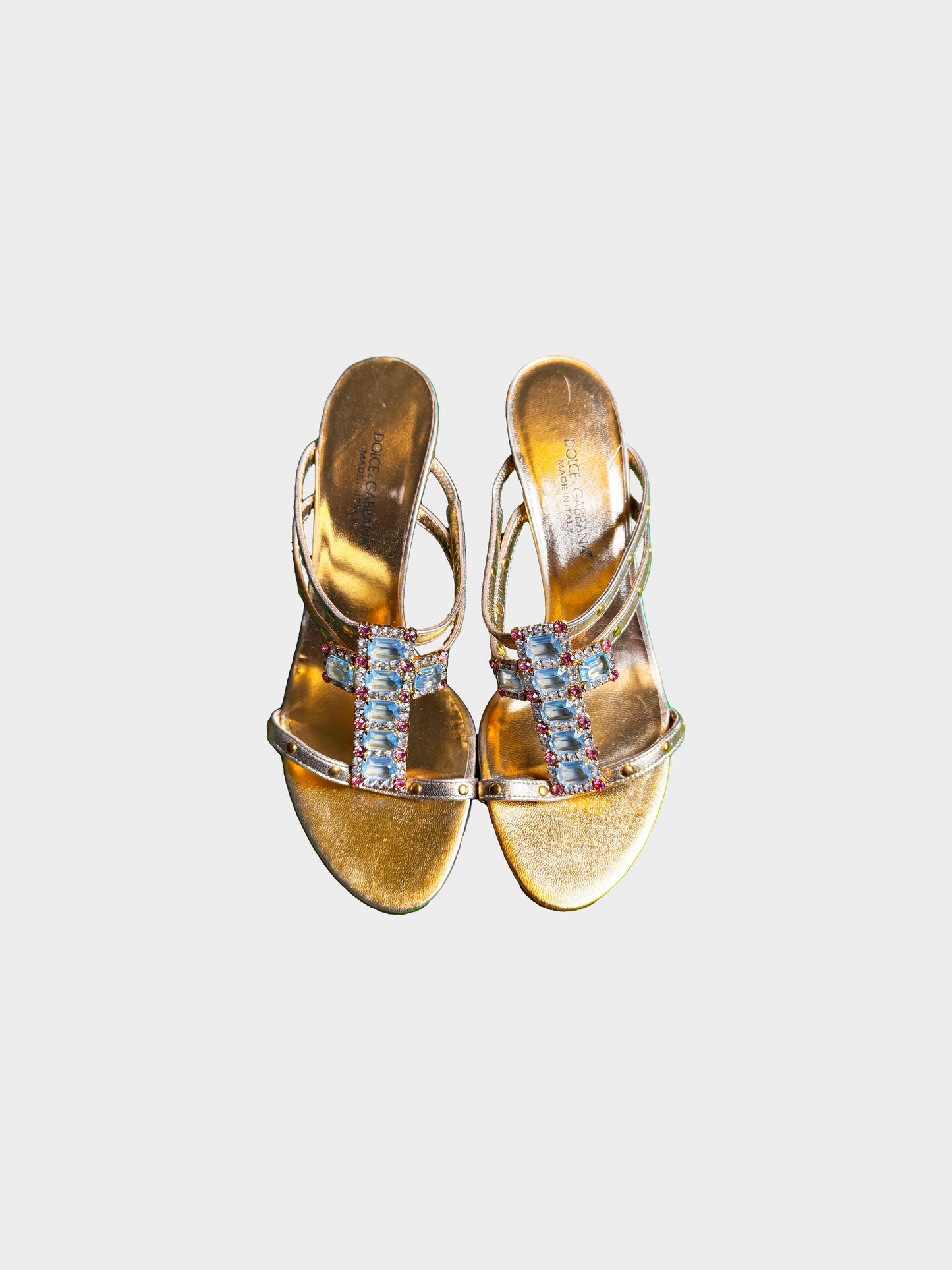Dolce and Gabbana 2000s Metallic Gold Leather and Jeweled Cross Heels