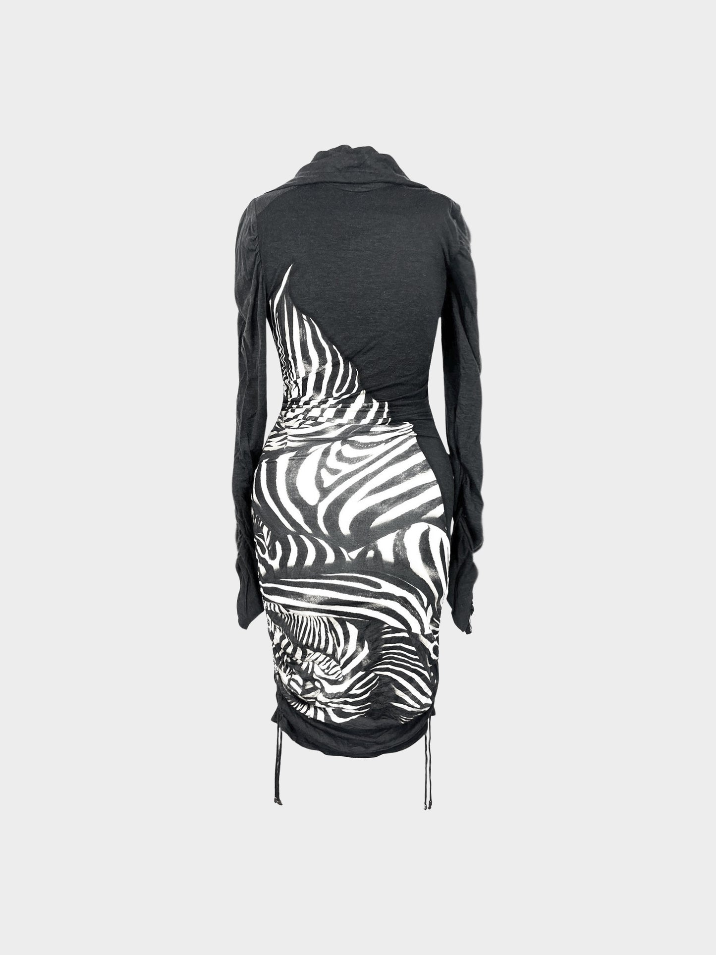 Roberto Cavalli 2010s Charcoal Grey and Zebra Print Drawstring Dress