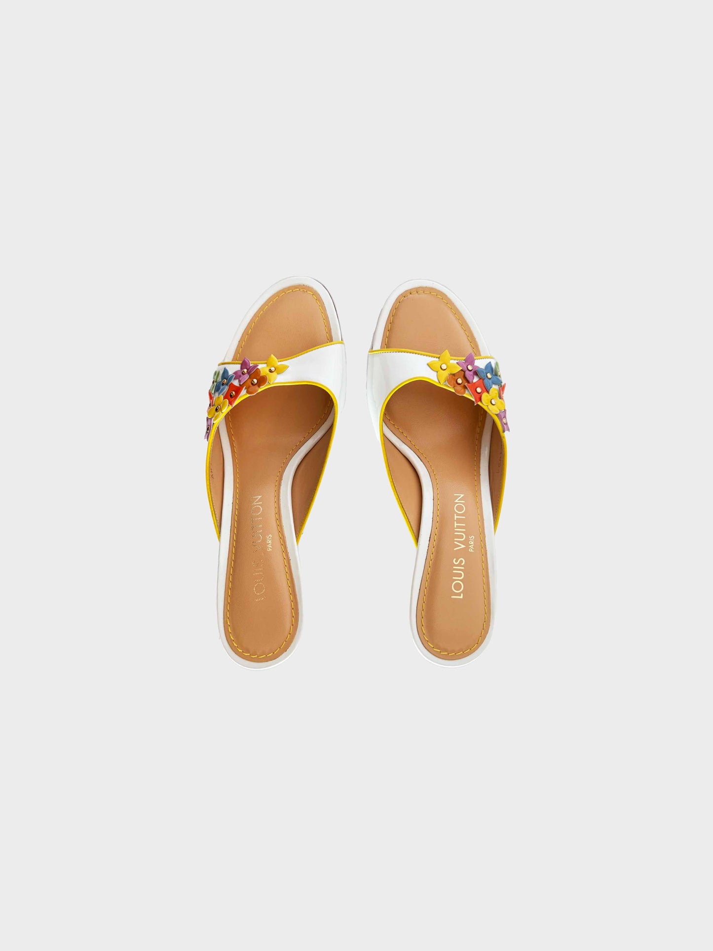 Louis Vuitton 2004 Multicolor Flower-embellished Patent Leather Heeled Sandals