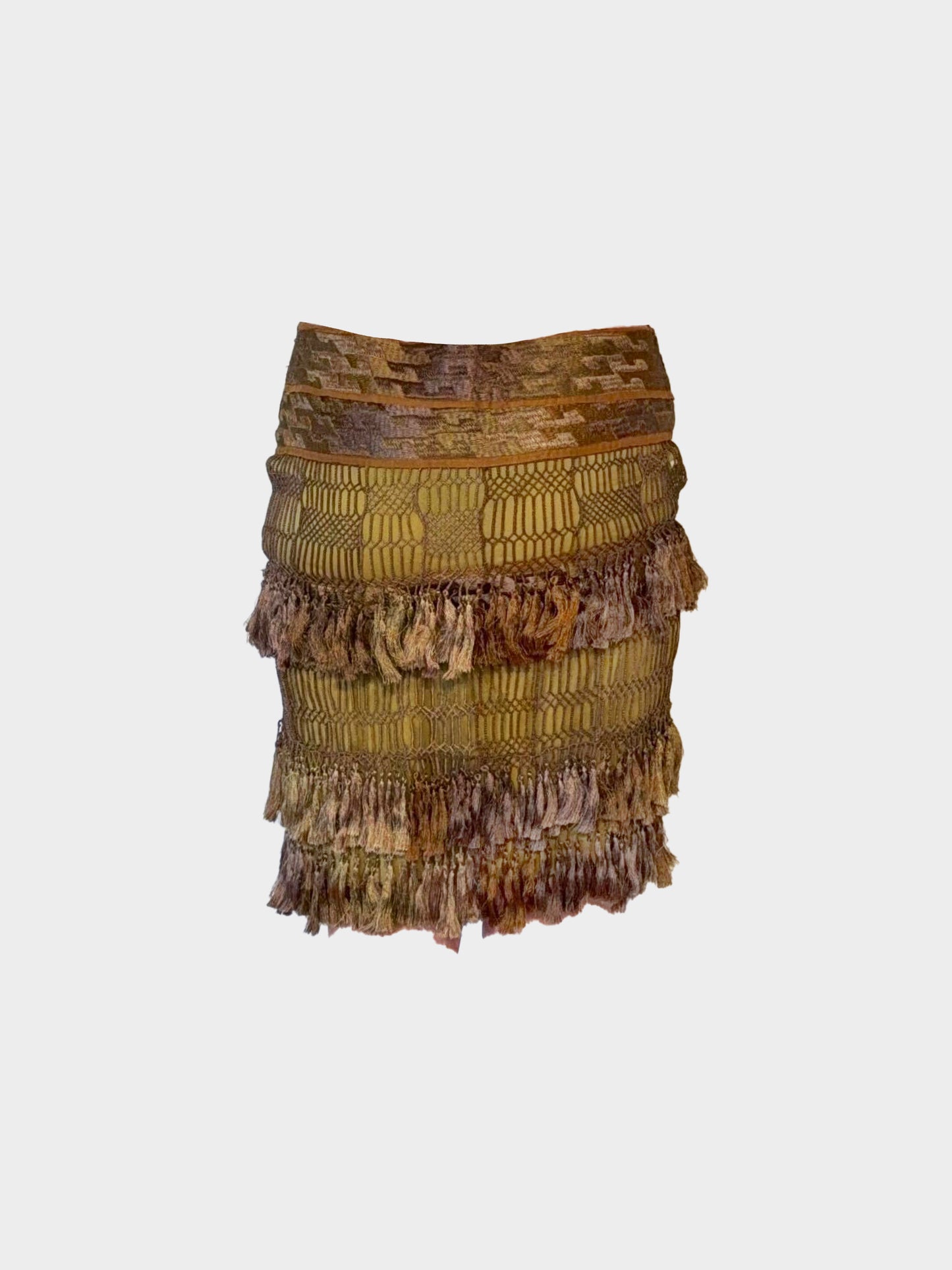 Gucci SS 2005 Runway Green and Brown Silk Tassel Skirt