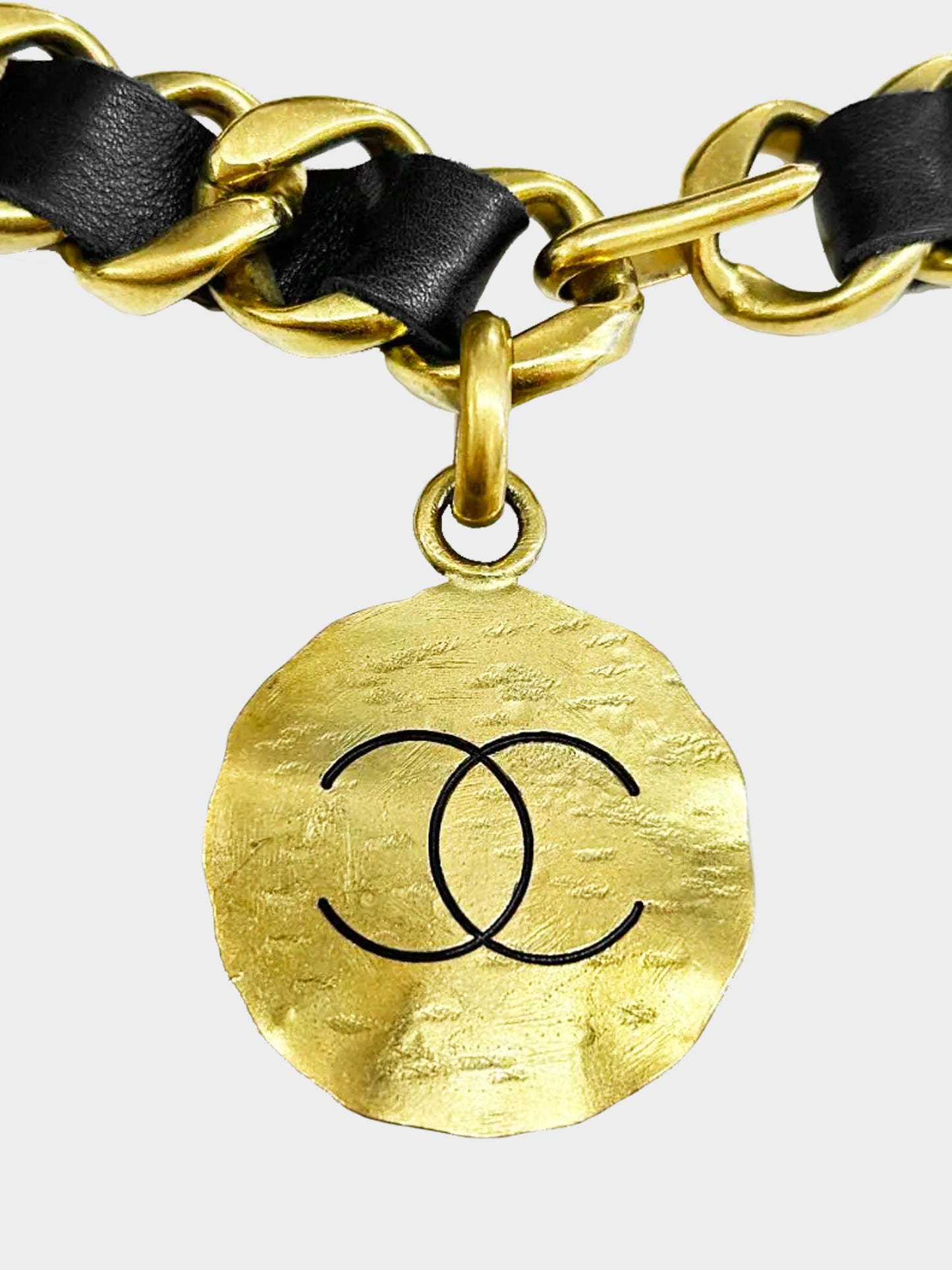 Chanel SS 1995 Gold and Black Leather Chain Belt with Logo Charm
