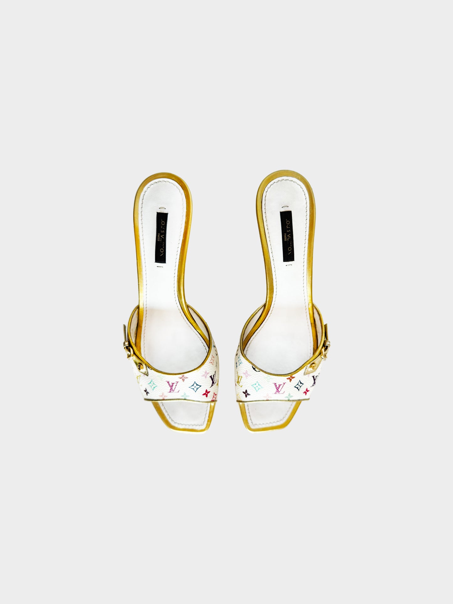 Louis Vuitton 2000s Gold and White Multicolor Monogram Slide Sandals
