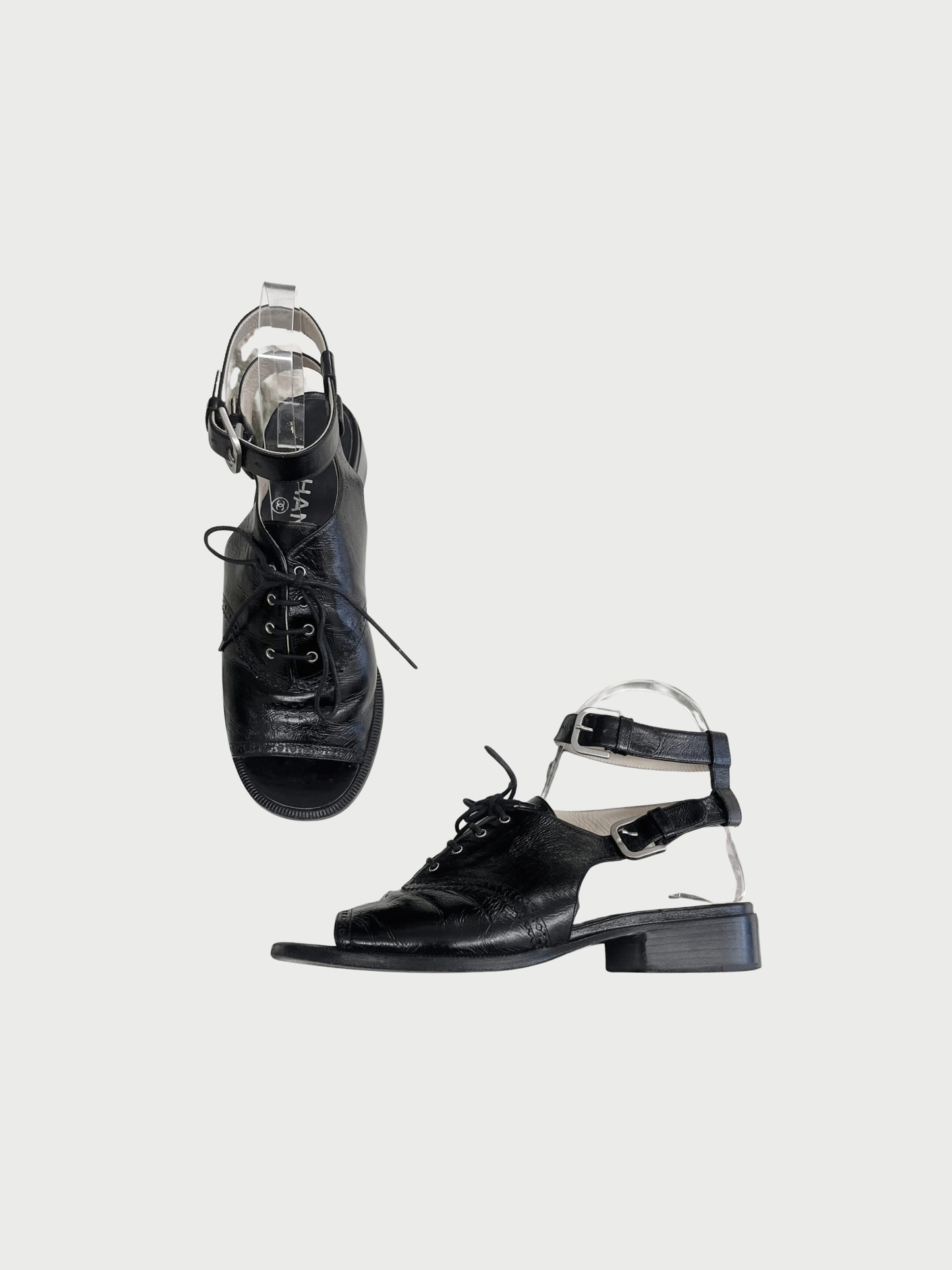 Chanel 2010s Black Crinkle Leather Brogue Lace-Up Sandals