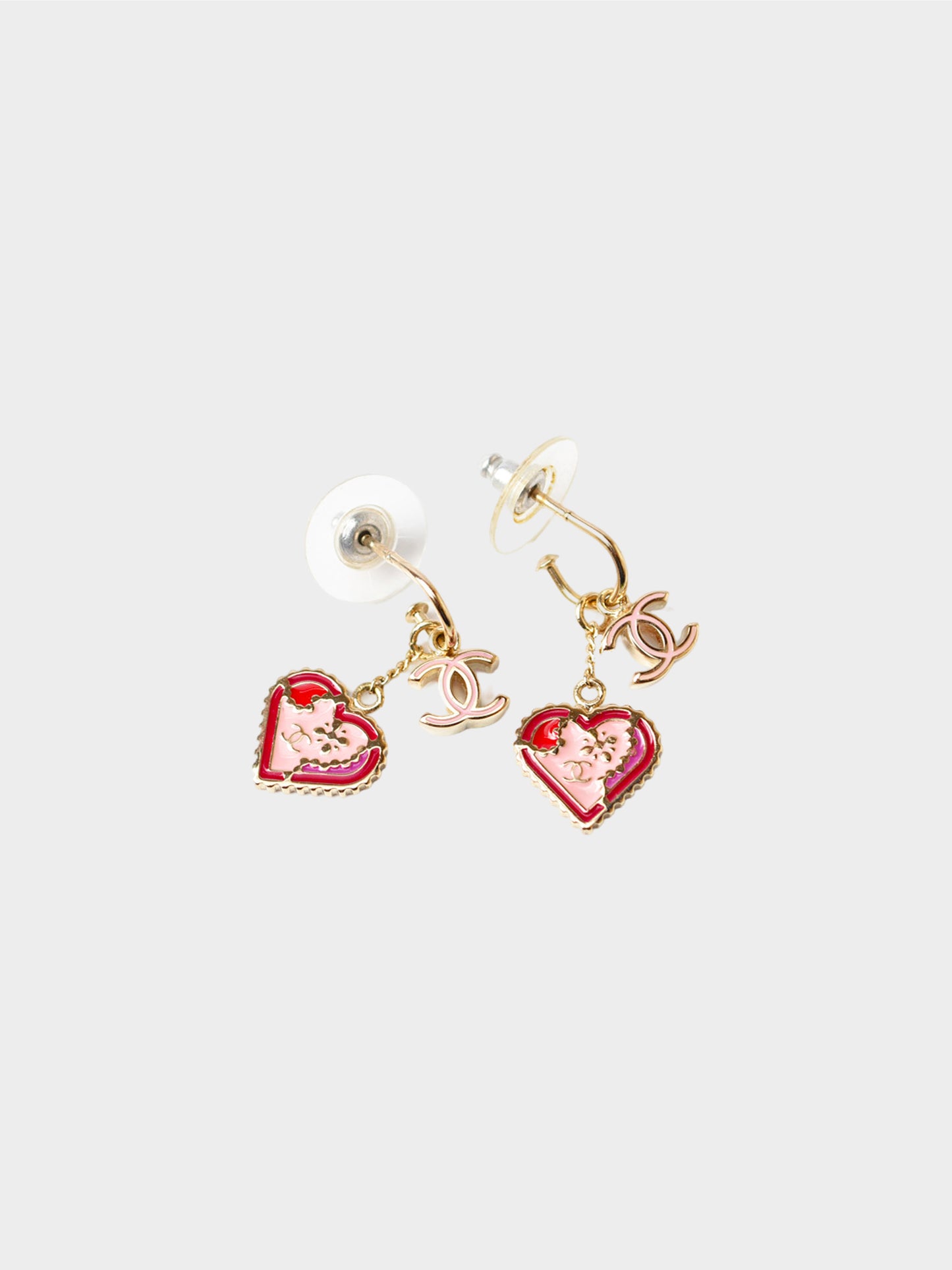 Chanel Spring 2005 Gold and Pink CC Logo and Heart Swing Earrings