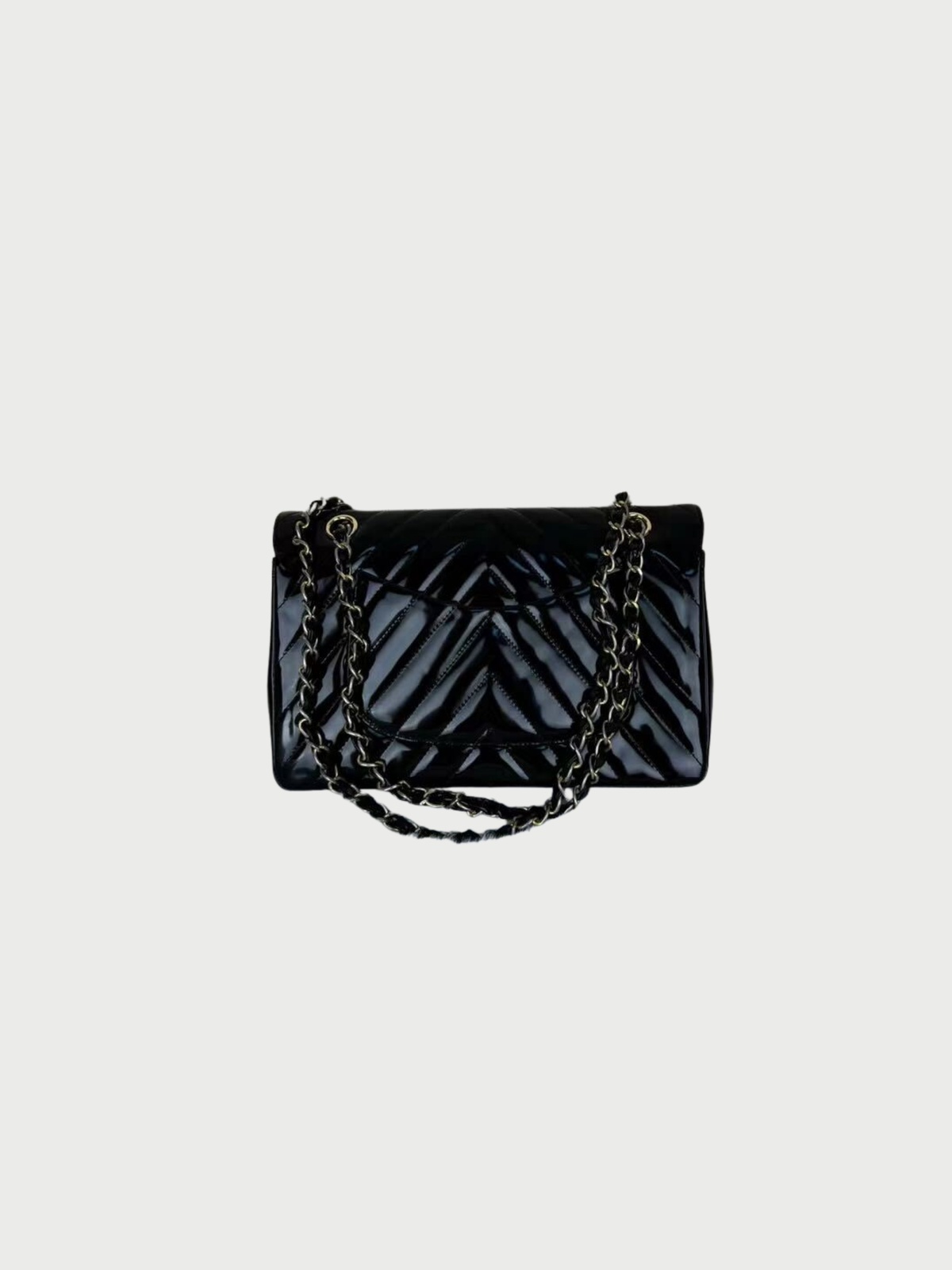 Chanel 2010s Black Patent Chevron Leather Shoulder Bag