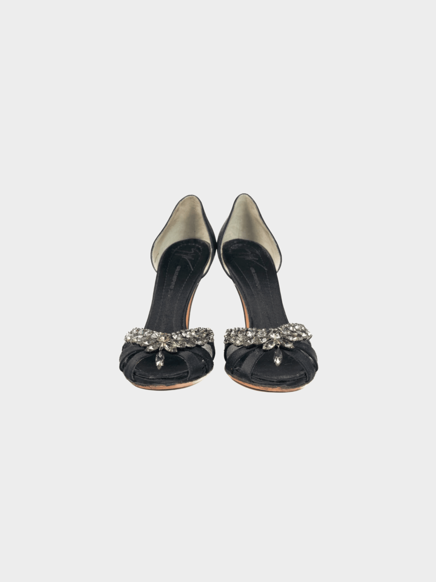 Giuseppe Zanotti 2010s Taz Black Silk-Satin Crystal-Embellished Peep-Toe Heels