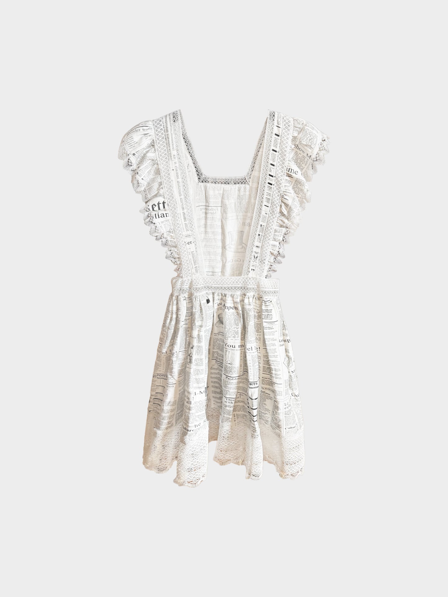 John Galliano 2019 White Gazette Newspaper Print Lace Ruffled Apron Dress