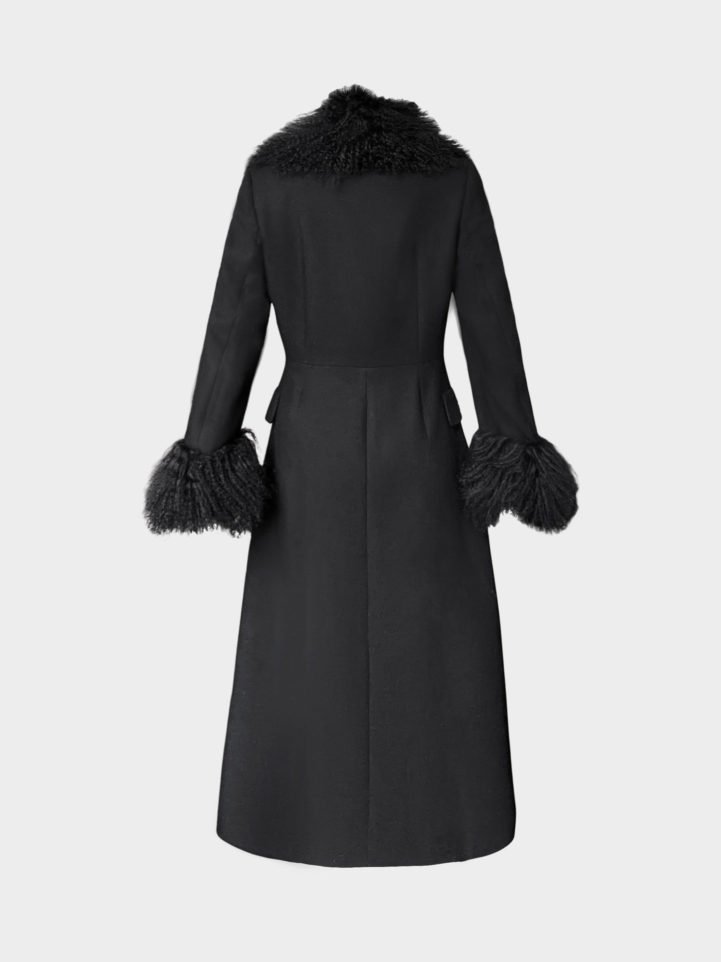Dolce and Gabbana 2000s Black Mongolian Fur Trim Double-breasted Long Coat