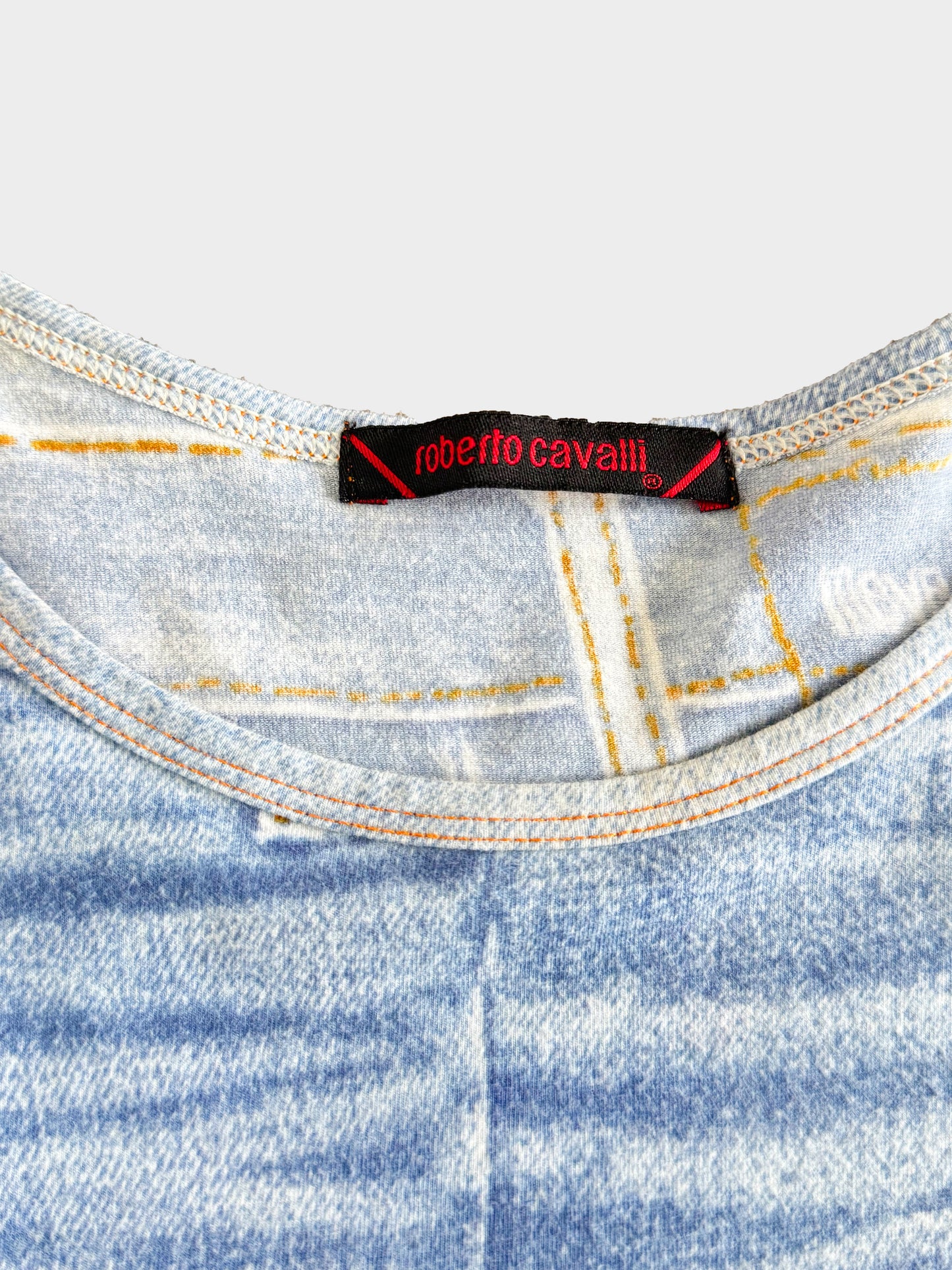Roberto Cavalli 1990s Blue Trompe L’Oeil Distressed Denim T-shirt