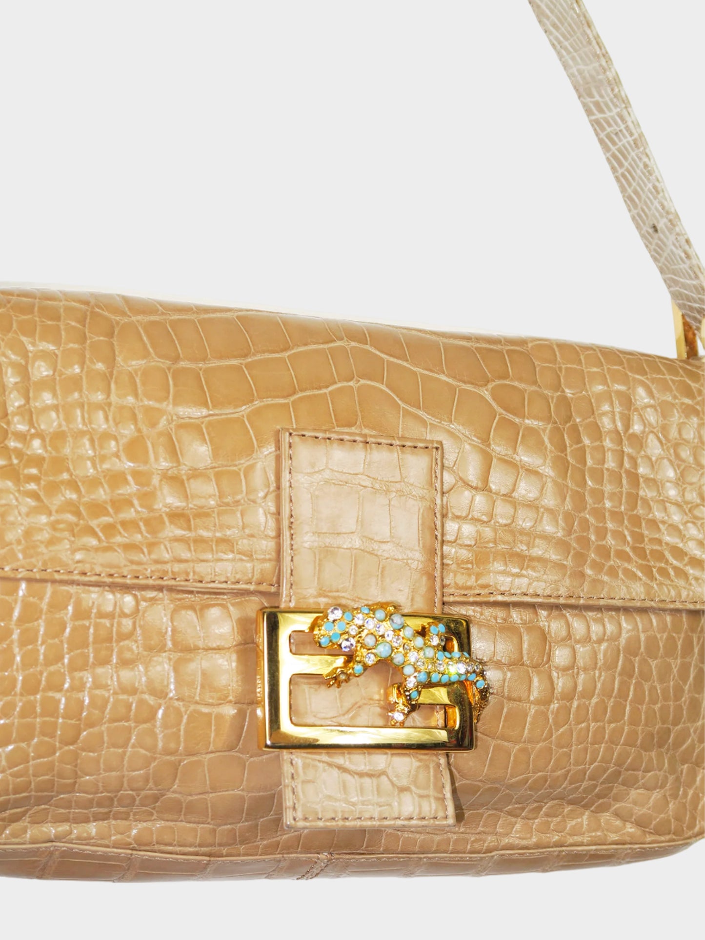 Fendi 2010s Beige Crocodile with Crystal Lizard Baguette