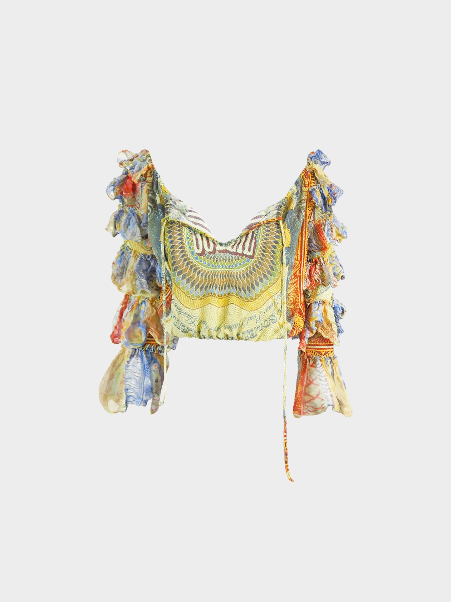 Jean Paul Gaultier 1990s Multicolor Soleil Tribal Prints Ruffled Top