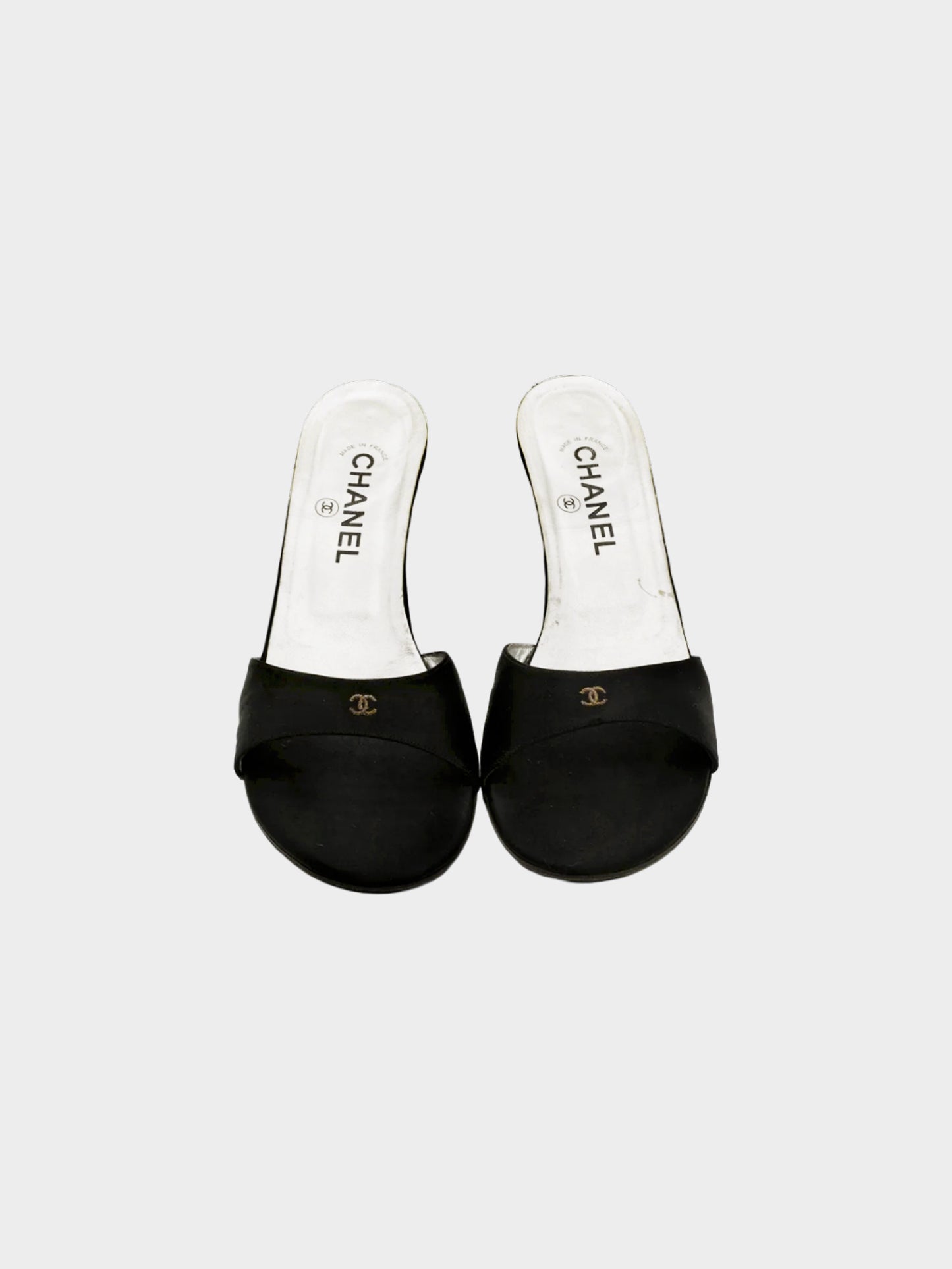 Chanel by Karl Lagerfeld 1990s Black Satin Silk CC Heeled Mules