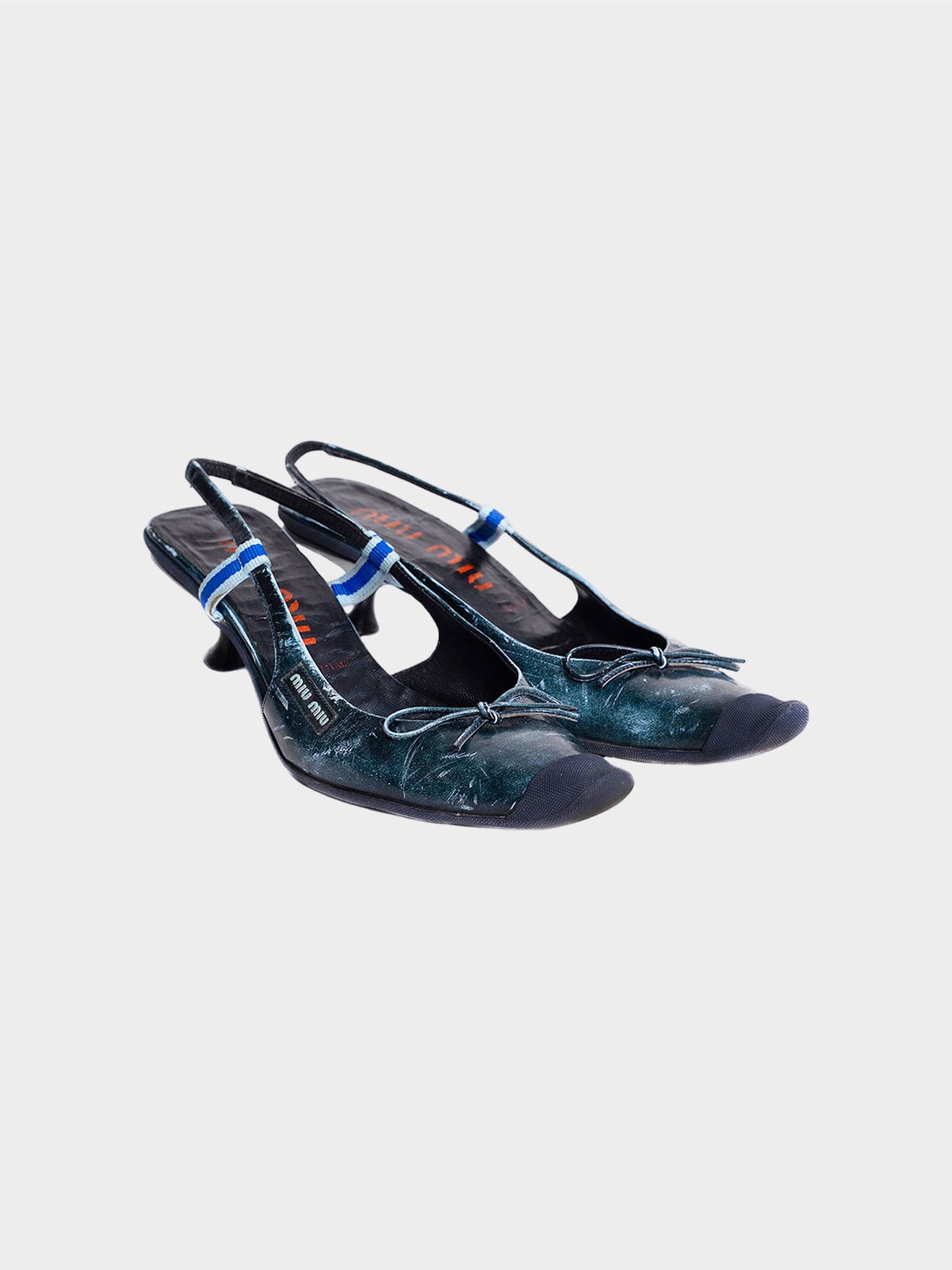 Miu Miu SS 2000 Rare Blue "Distressed Leather" Bow Heels