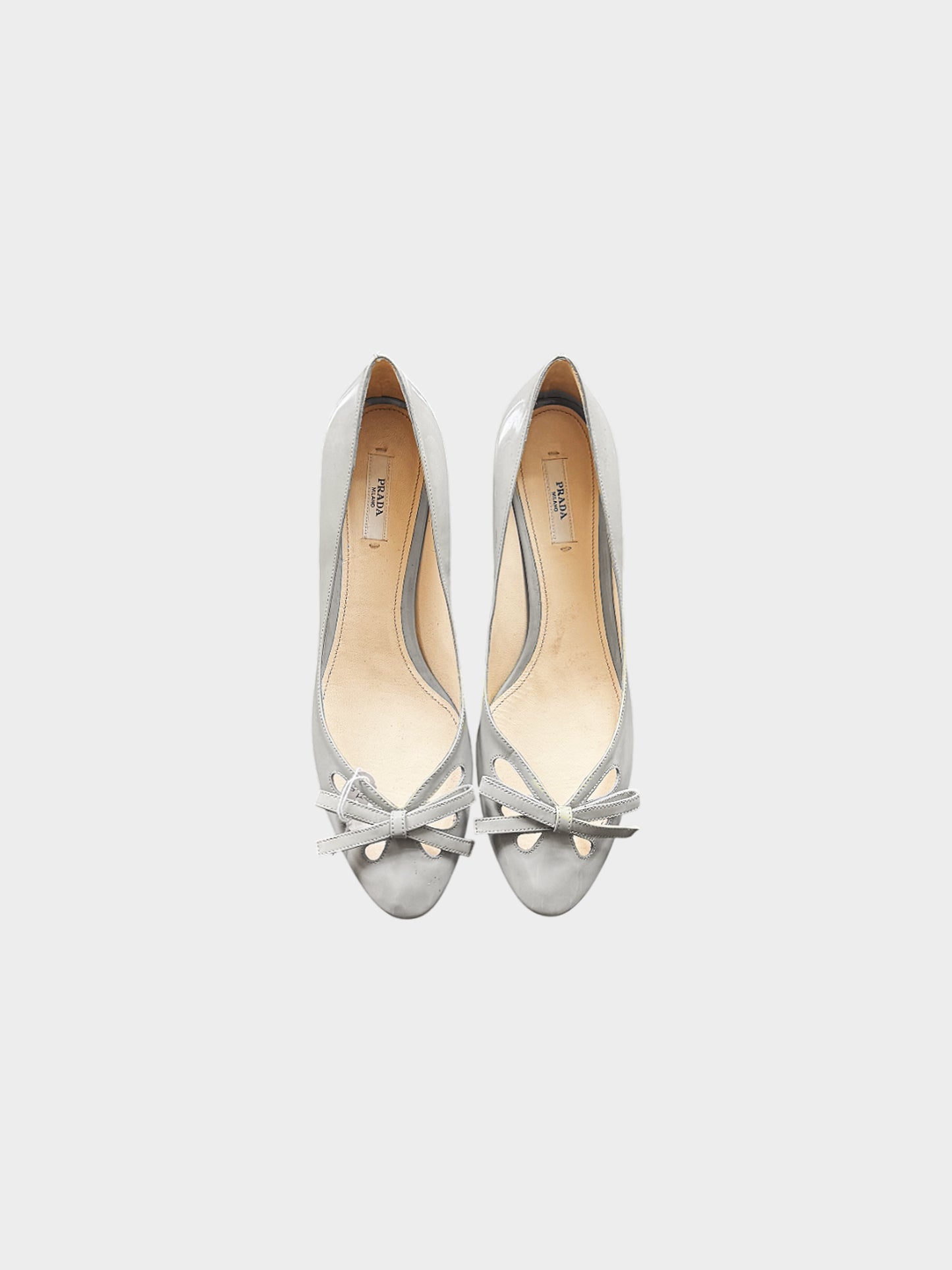 Prada 2000s Grey Patent Leather Bow Pumps