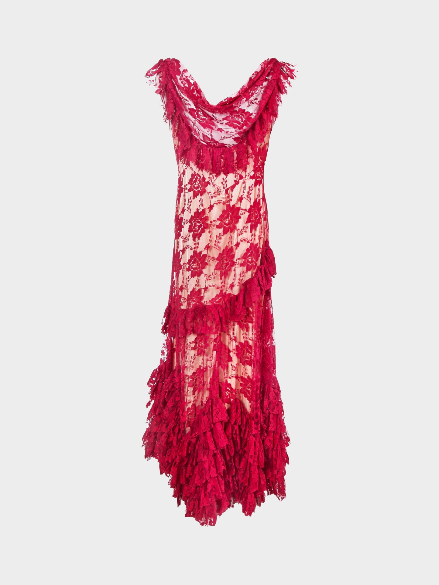 John Galliano 2000s Red Lace Ruffled Evening Gown
