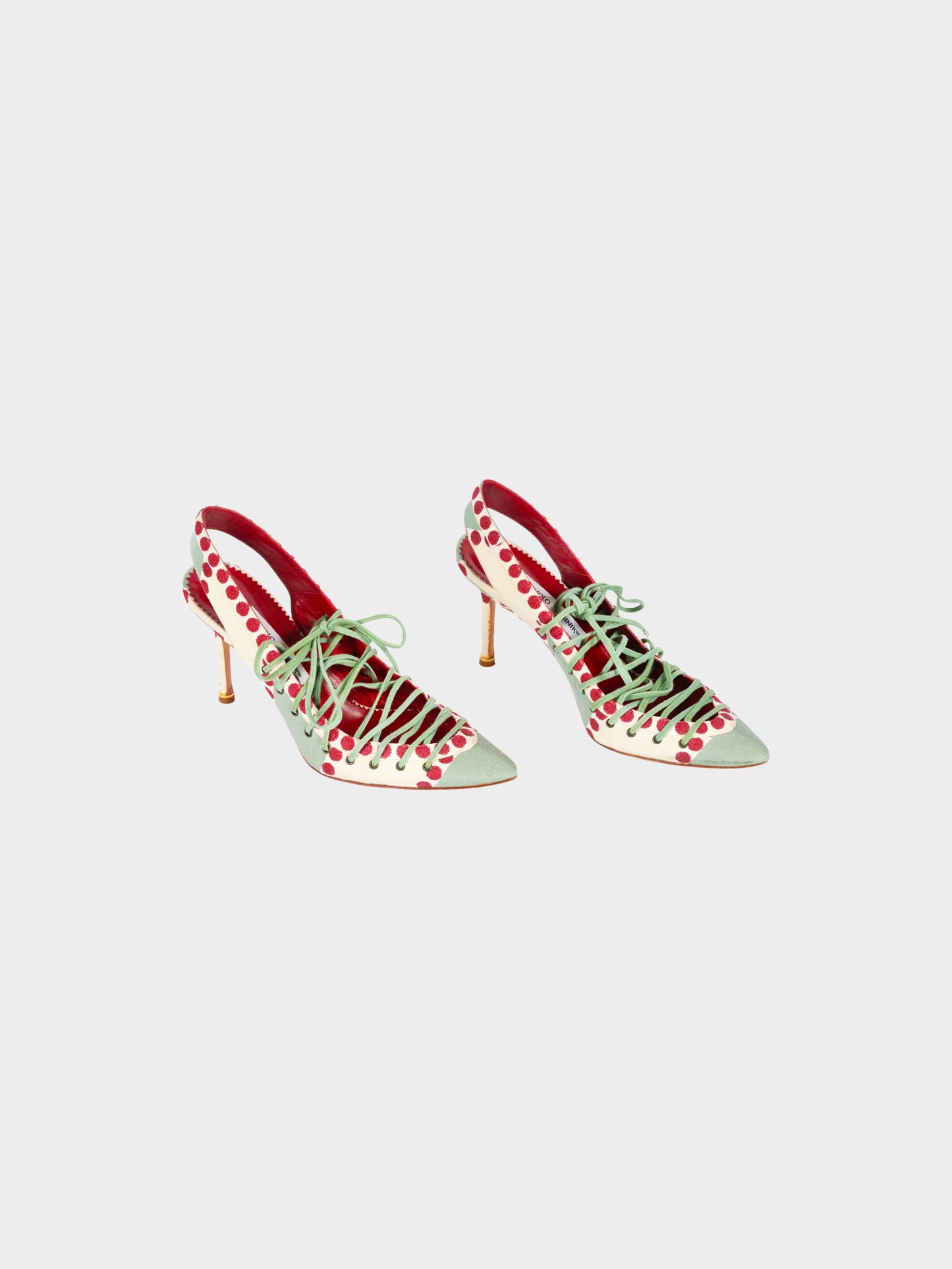 Manolo Blahnik 2010s Green and Red Polka Dot Print Lace-up Heels