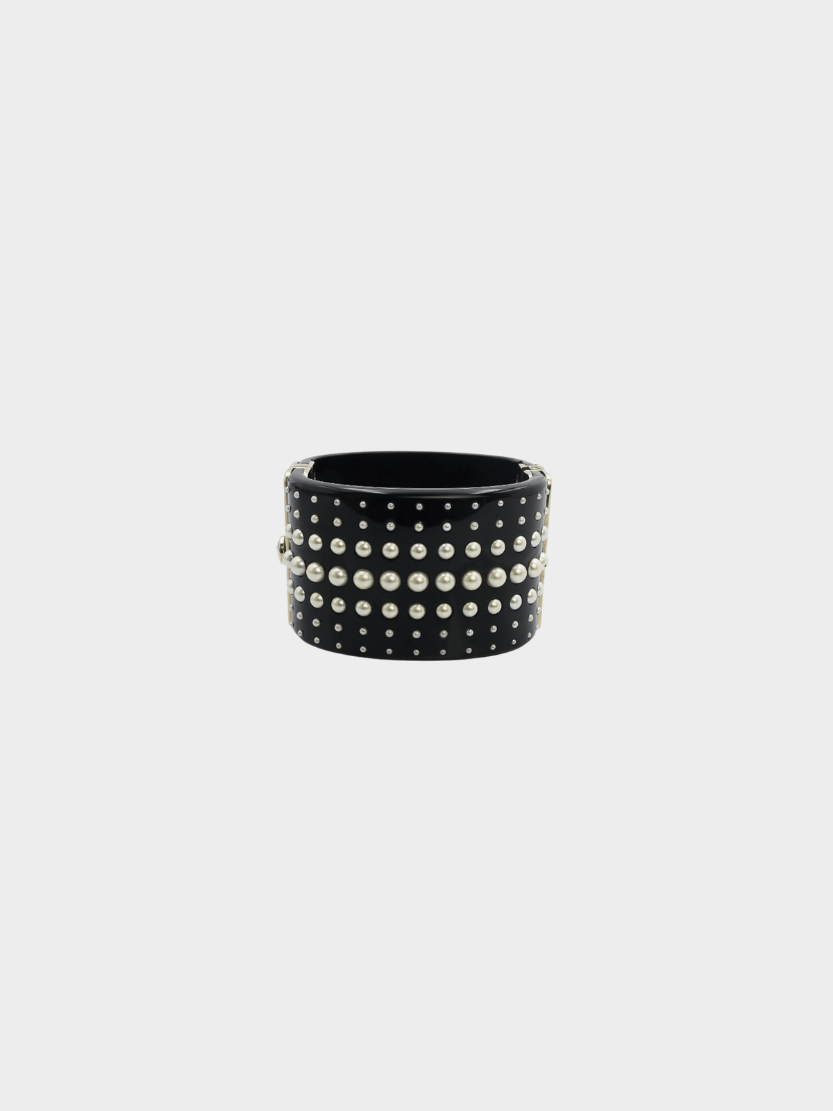 Chanel 2015 Black Resin and Faux Pearl CC Cuff Bracelet