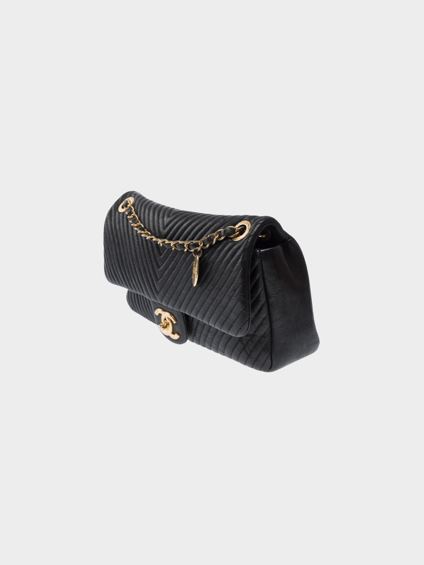 Chanel 2015 Black Chevron Leather Medallion Charm Flap Bag