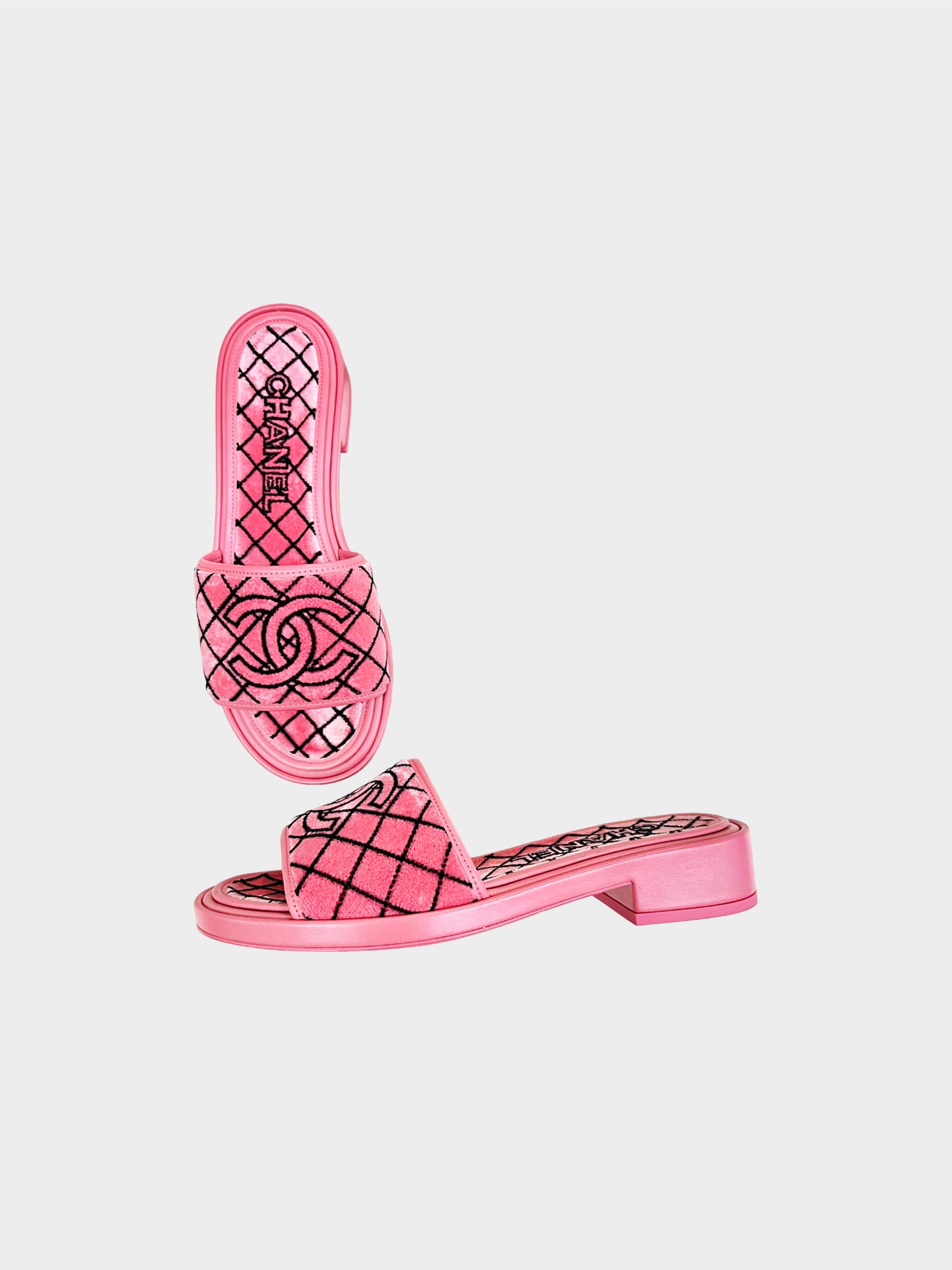 Chanel 2021 Pink CC Velvet Slides