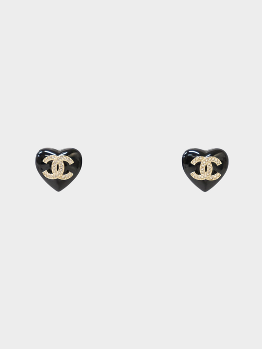 Chanel 2020s Black Gold Rhinestone COCO Heart Stud Earrings