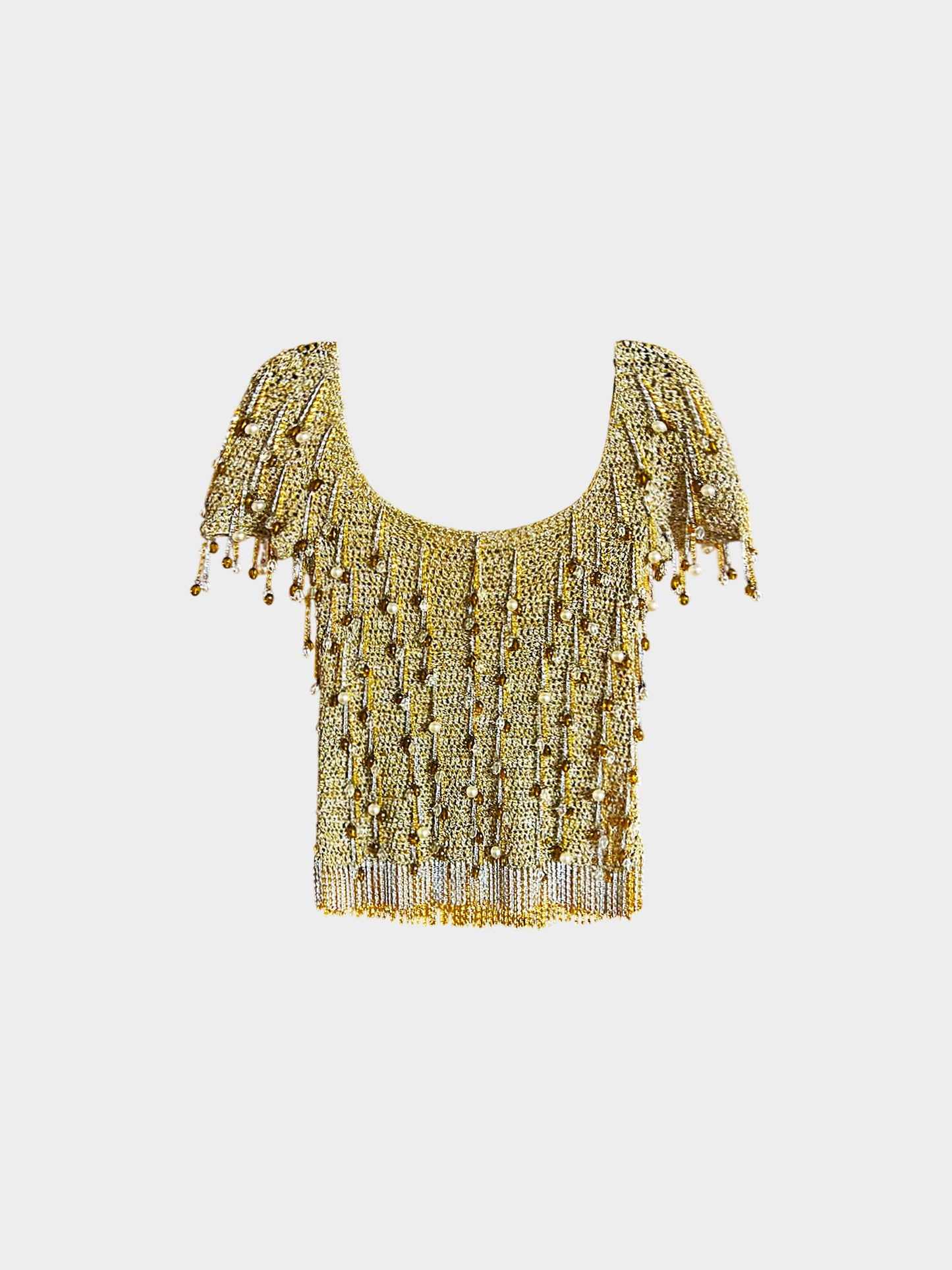 Loris Azzaro 1970s Metallic Gold and Silver Beaded Lurex Crochet Top