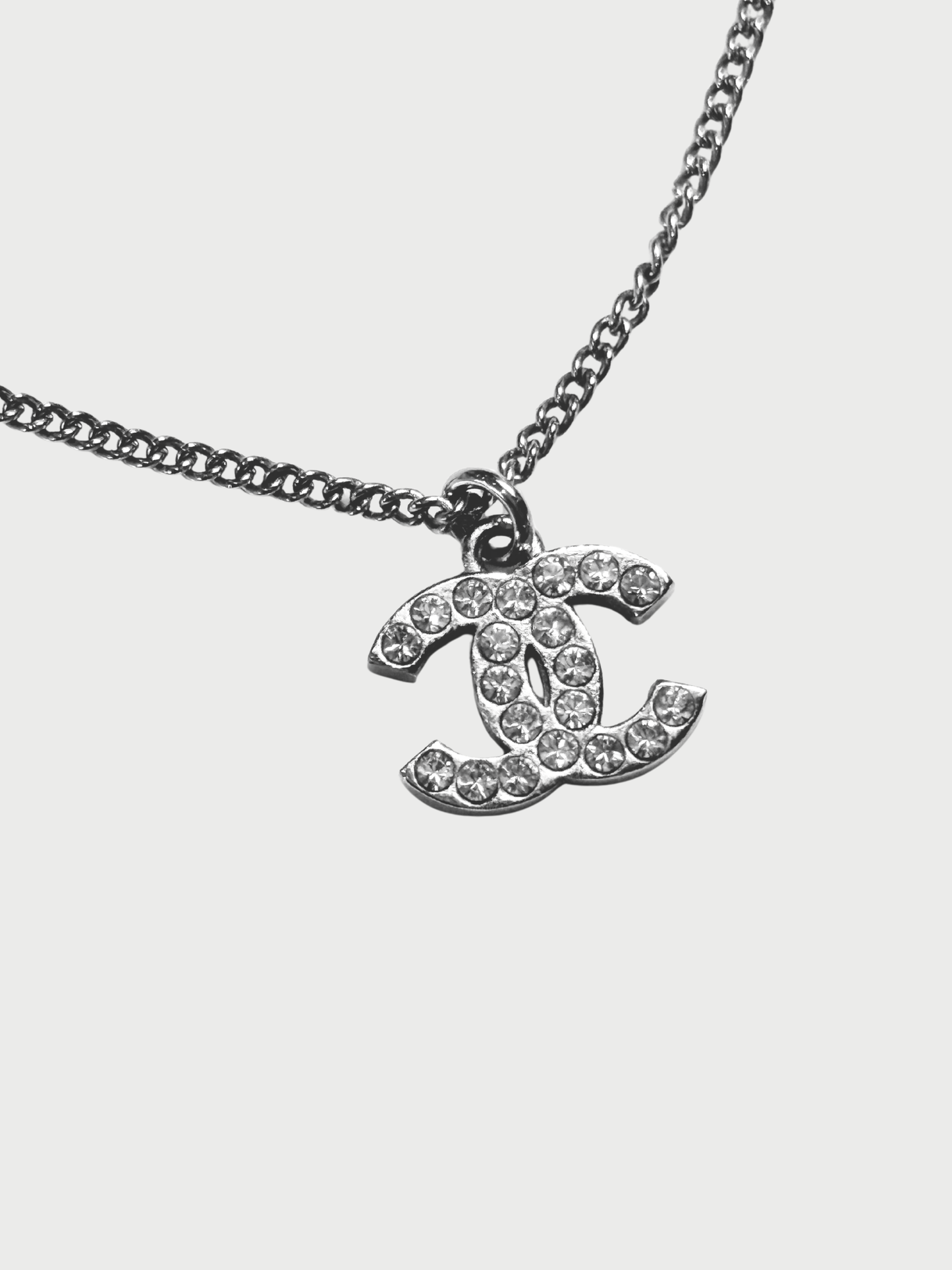 Chanel 2000s Silver Crystal Mini CC Pendant Necklace