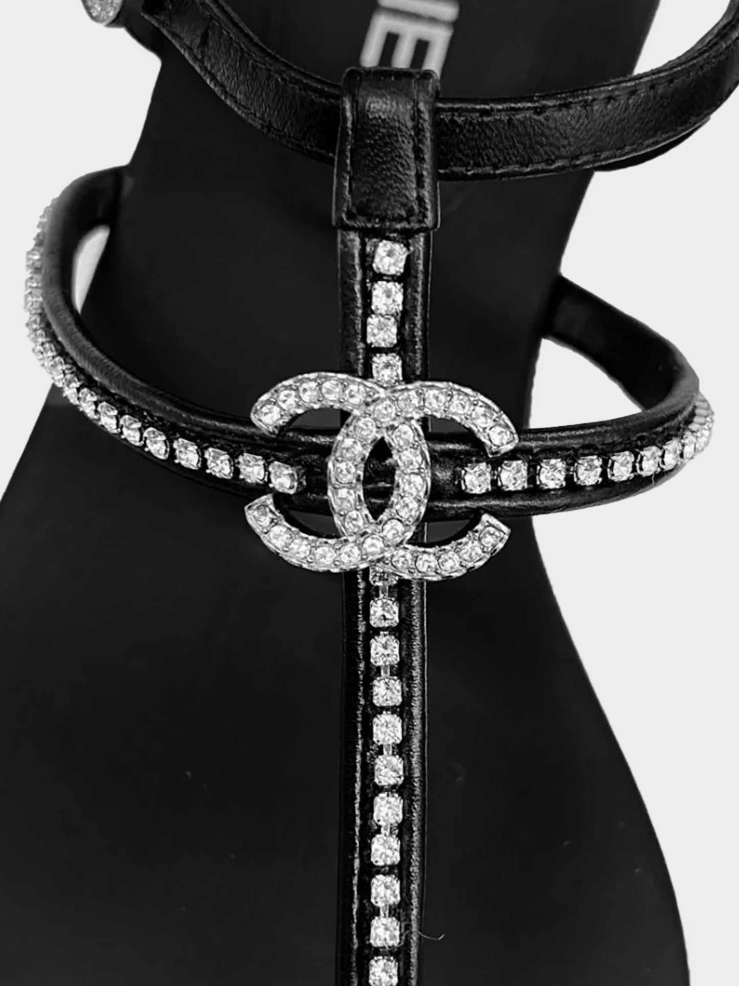 Chanel 2023 Black Leather Thong Sandals with Rhinestones