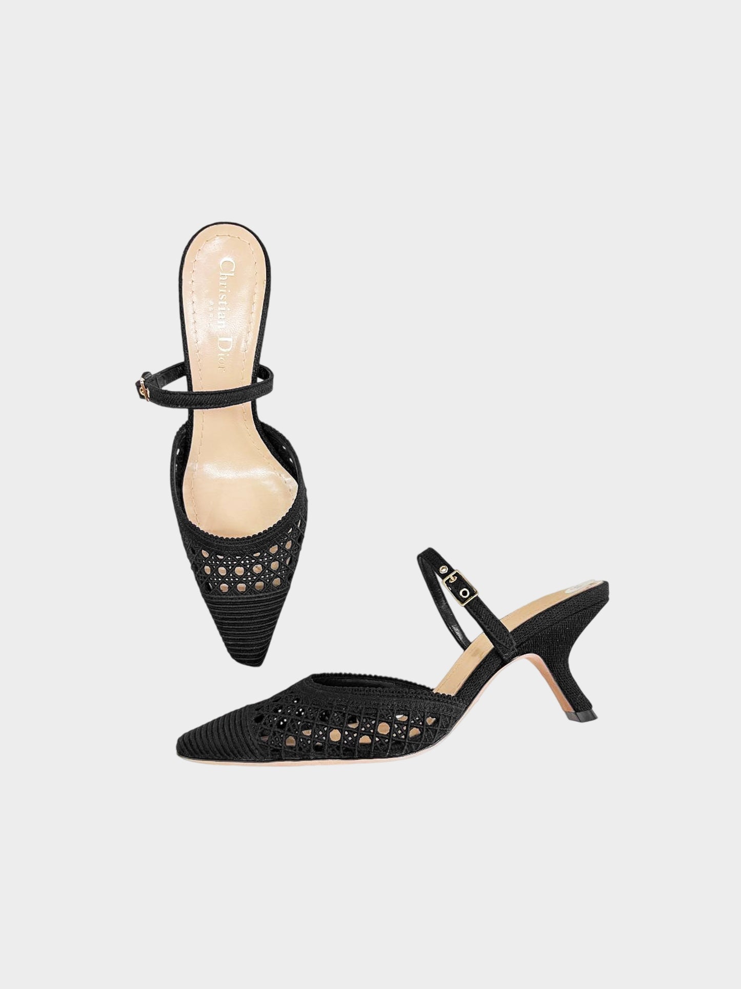Christian Dior 2010s Black Cannage Embroidered Canvas Kitten Heels