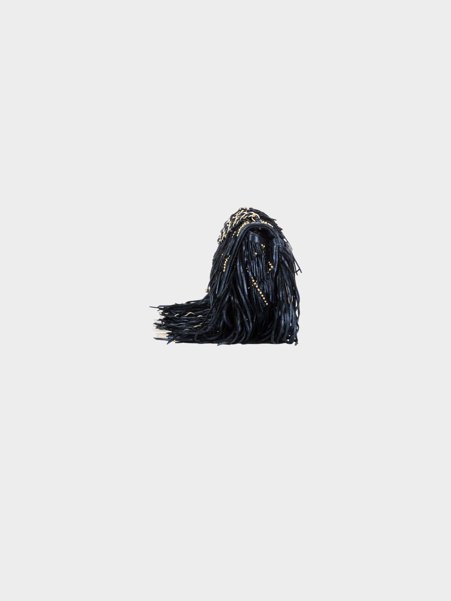 Chanel 2014 Navy and Gold Calfskin Metallic Suede Dallas Fringe Medium Flap Bag
