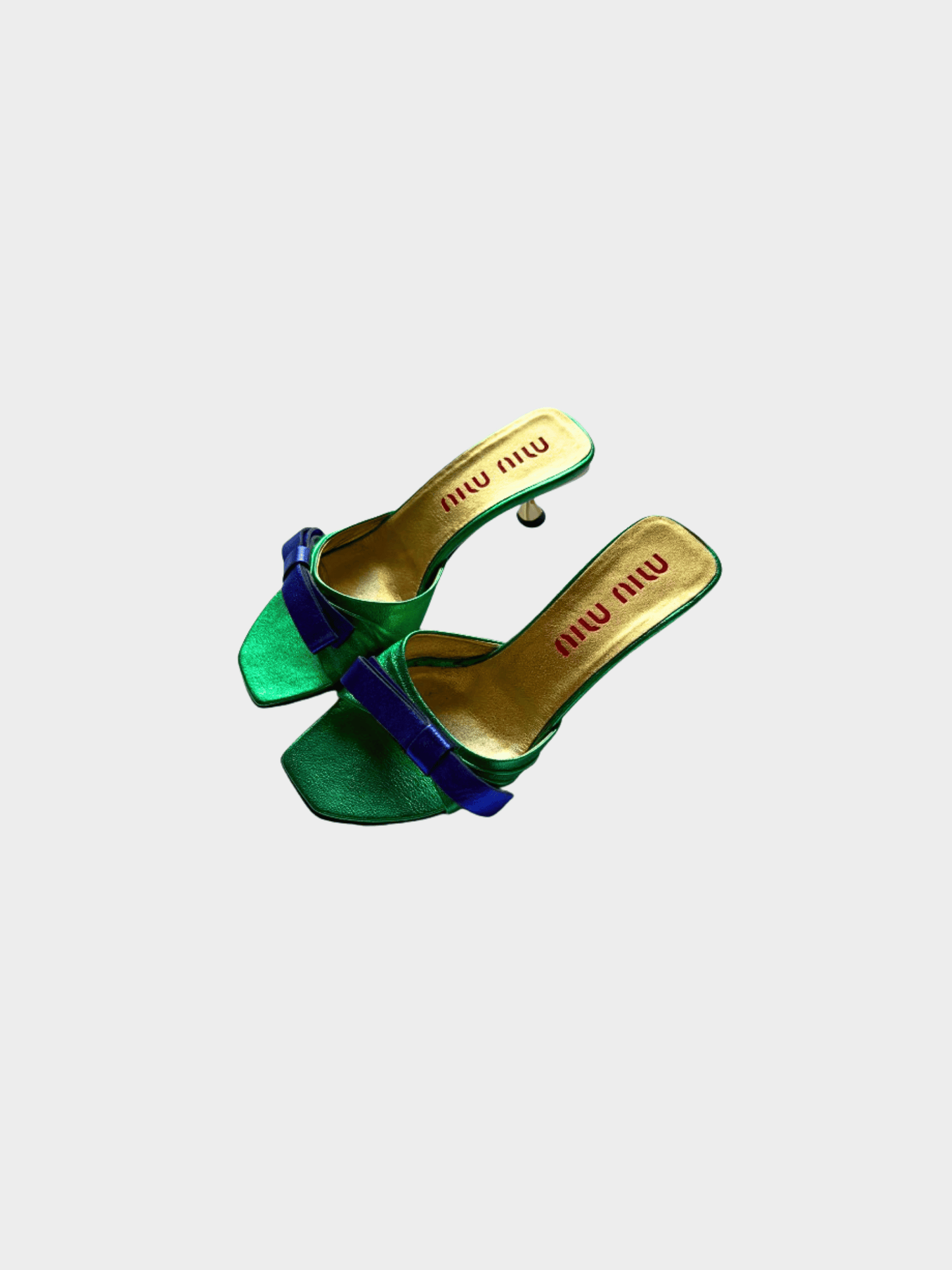 Miu Miu SS 2000 Green Leather Blue Bow Kitten Heels