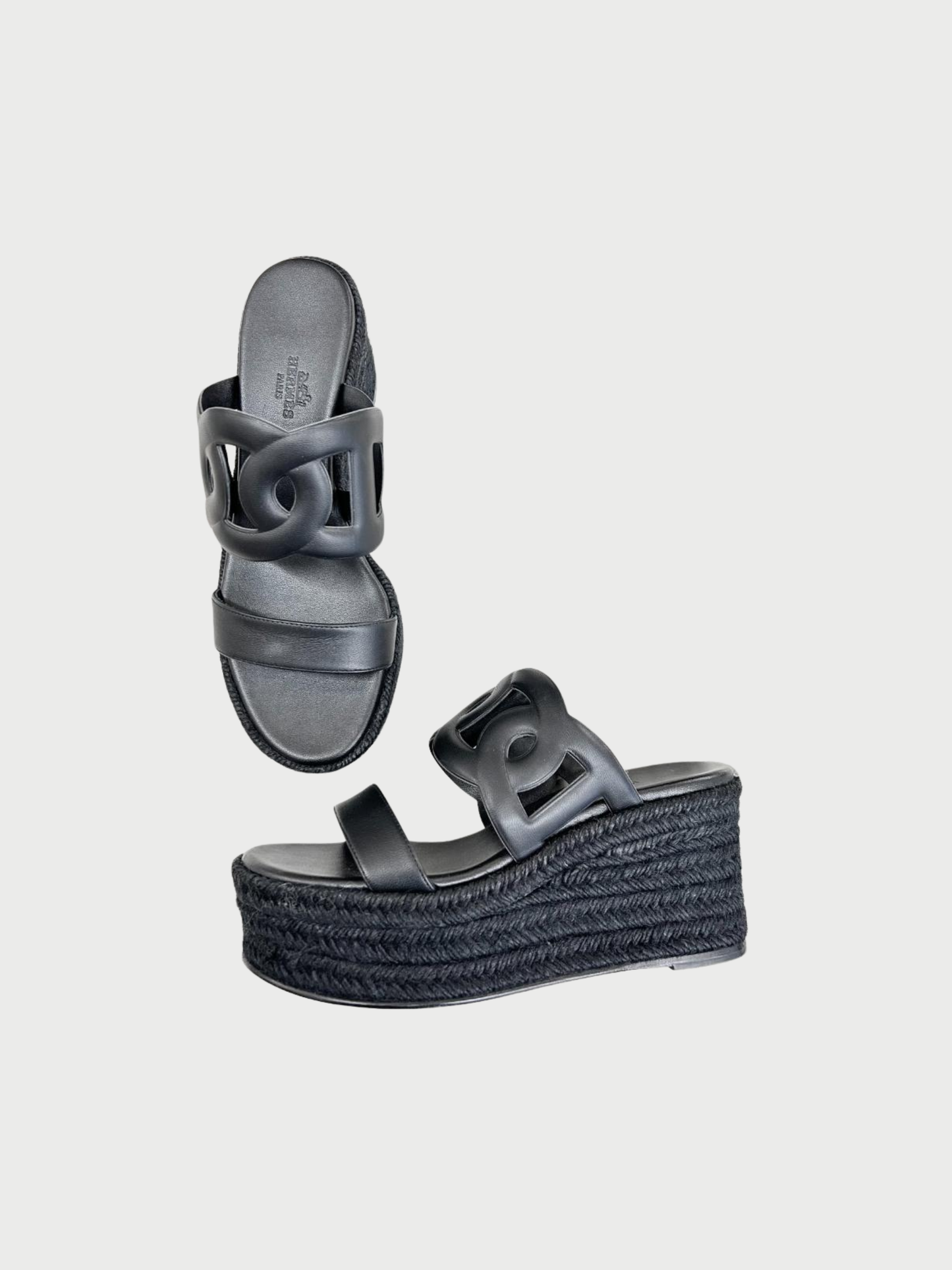 Hermès SS 2024 Black Leather Ithea 30 Espadrille Sandals