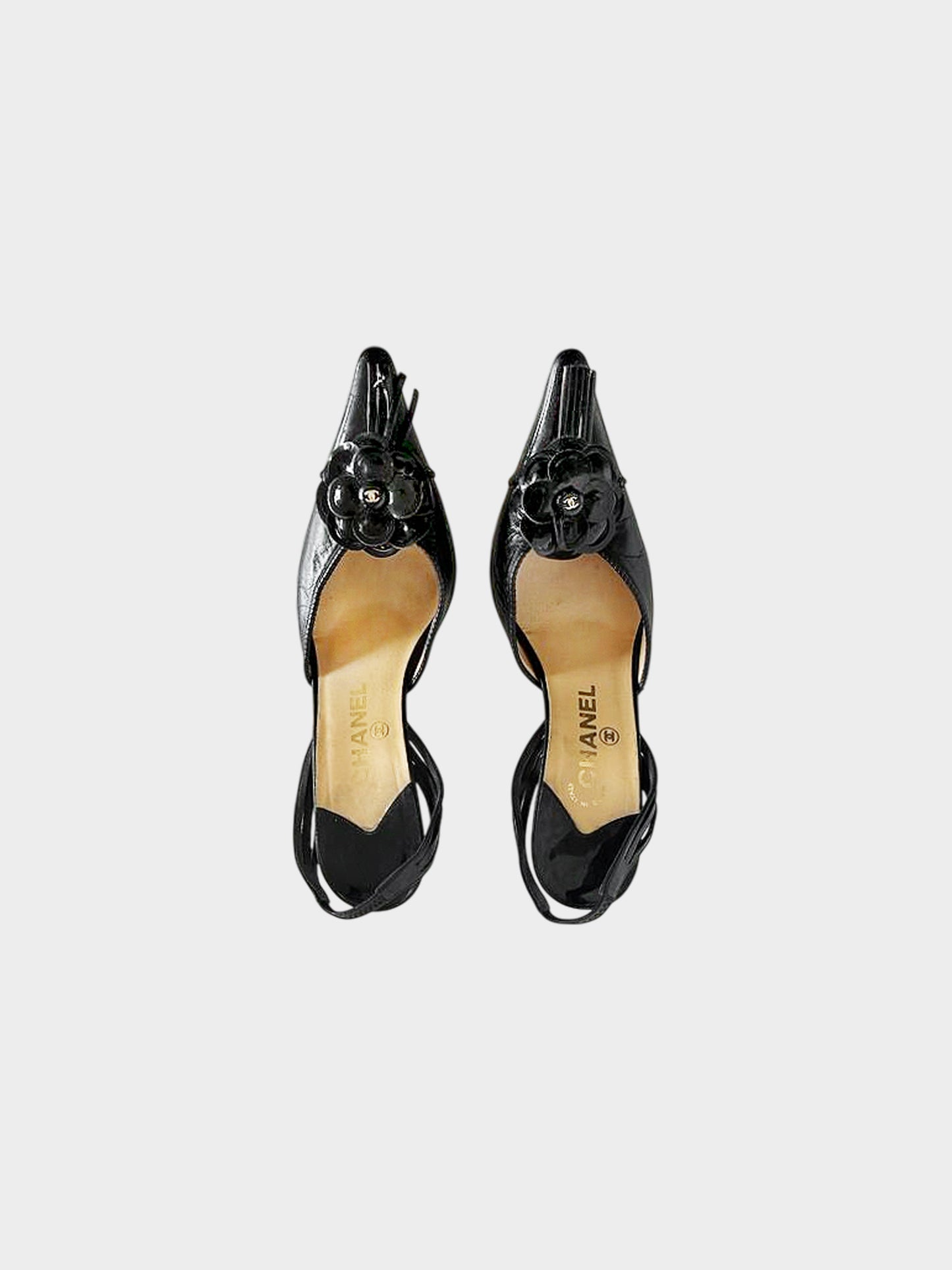 Chanel 2002 Black Camellia Leather Slingback Heels