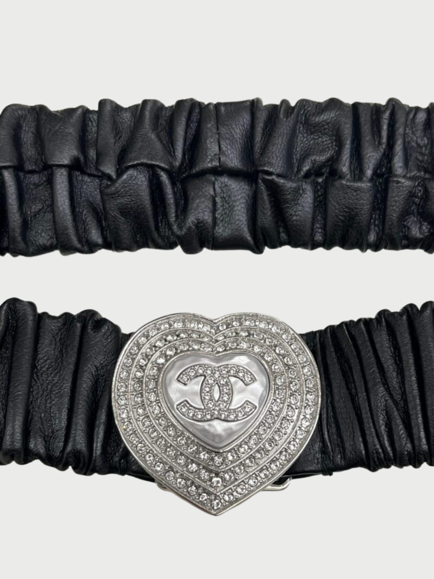 Chanel 2023 Black Lambskin Pearl Crystal Heart Buckle Stretch Belt