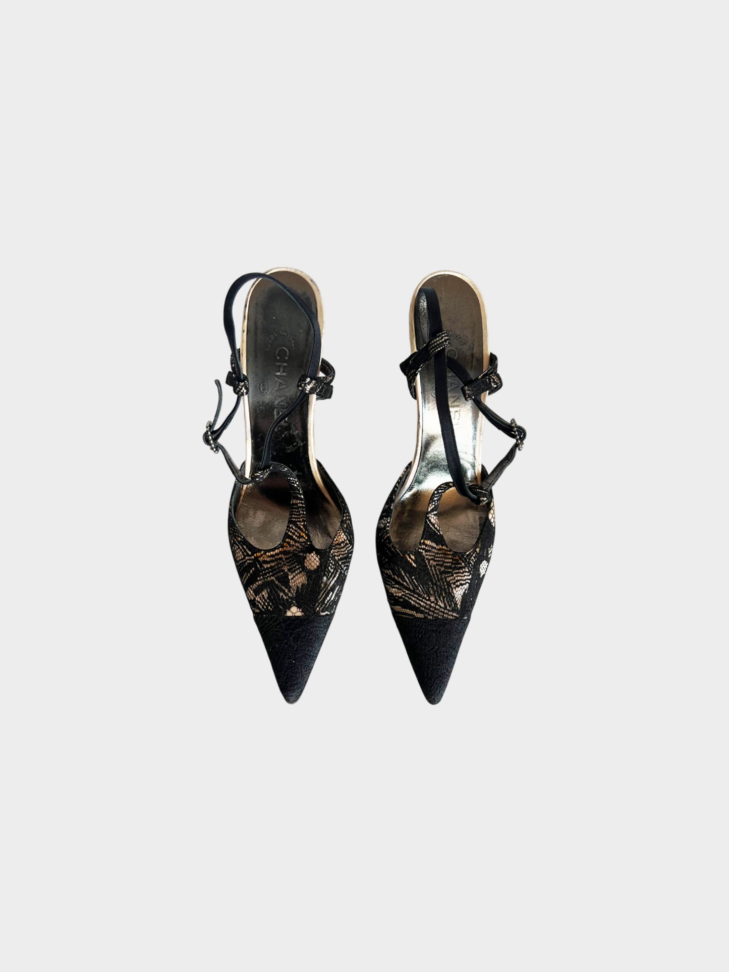 Chanel 2000s Black Lace Slingback Heels