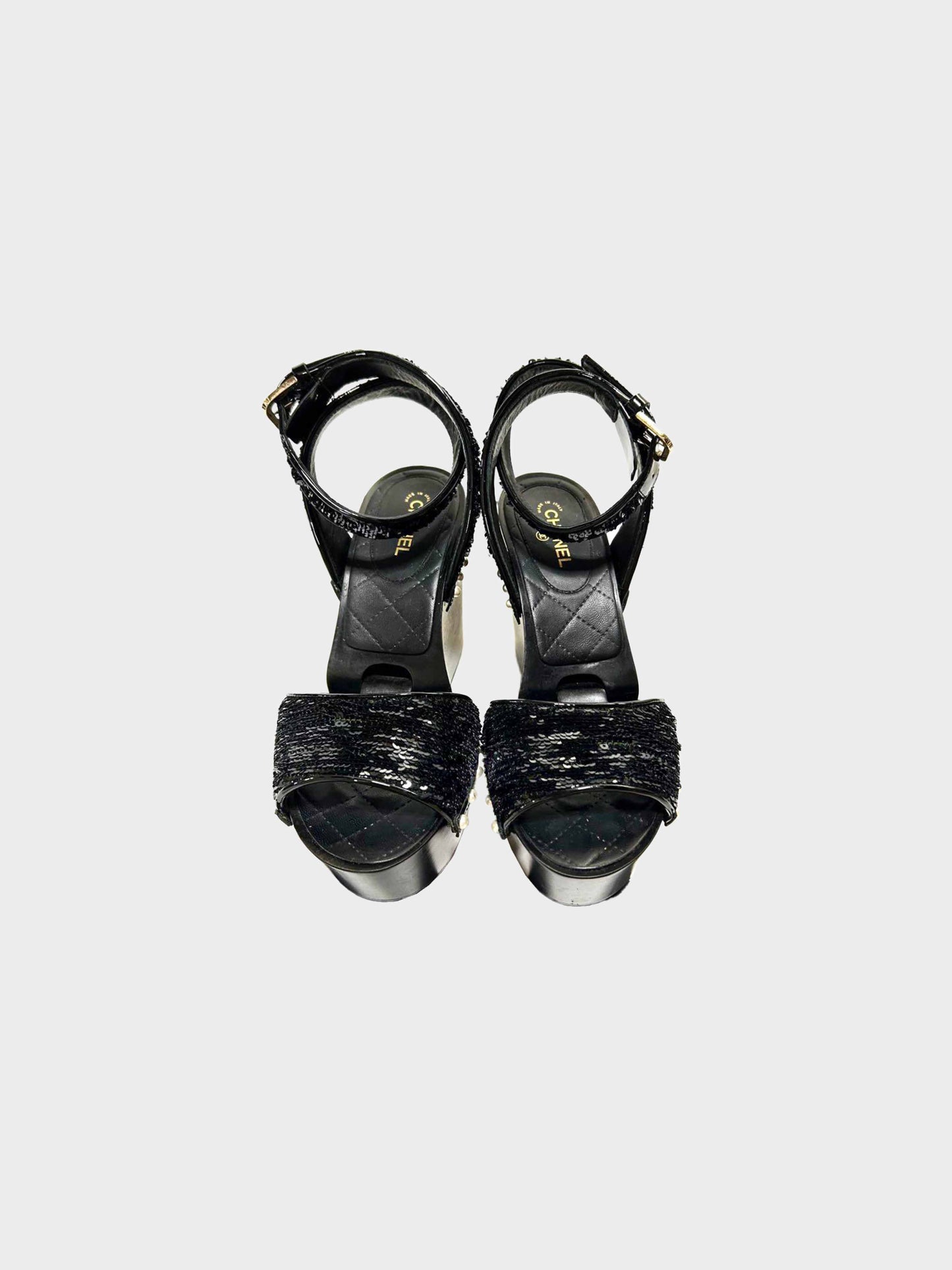 Chanel Cruise 2016 Black Patent Leather and Sequins Lotus Wedge Sandals