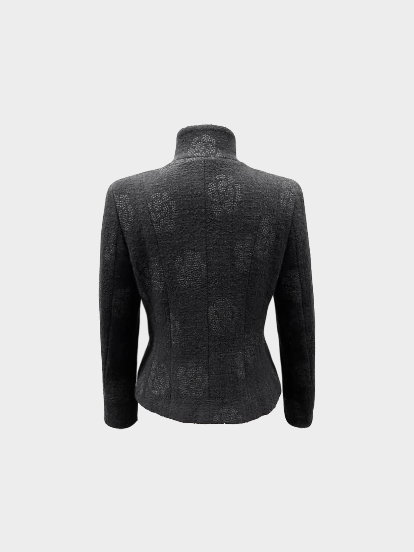 Chanel 2003 Black Wool Jacket with Lurex Camellia Print