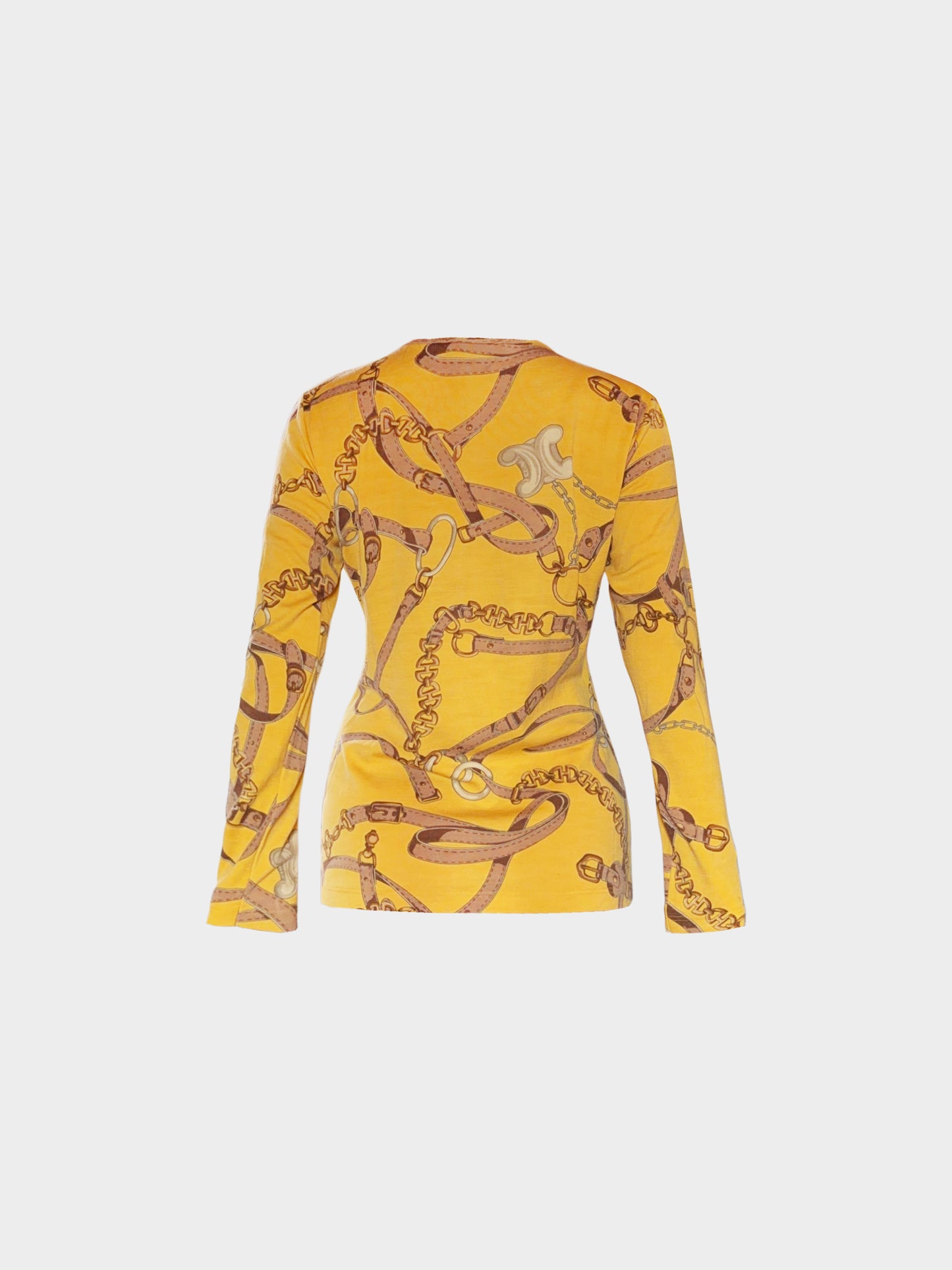 Céline 1995 Yellow Jersey Wool Belt and Chain Printed Long Sleeve Top