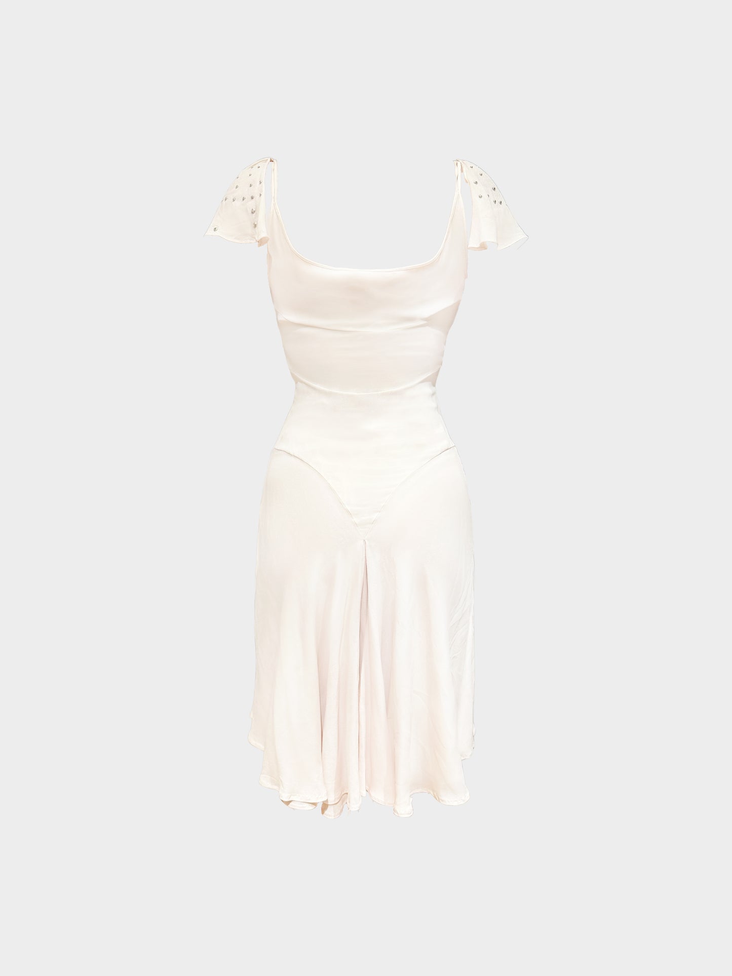 Chloé SS 2001 Beige Silk Embroidered Flutter Sleeve Dress