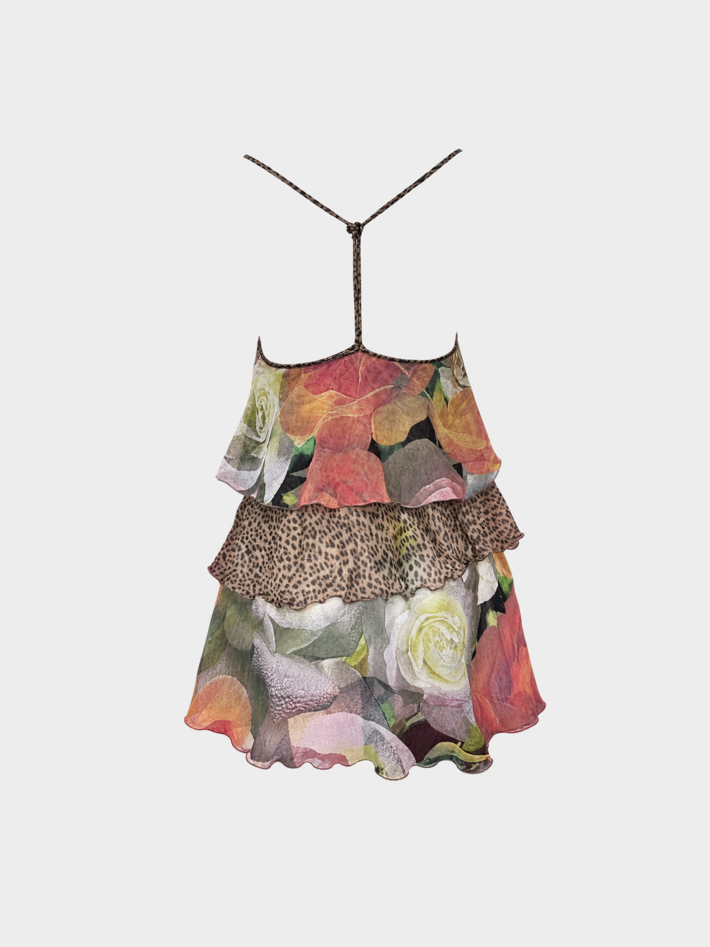 Roberto Cavalli 2000s Multicolor Floral Leopard Silk Tiered Ruffle Camisole Top