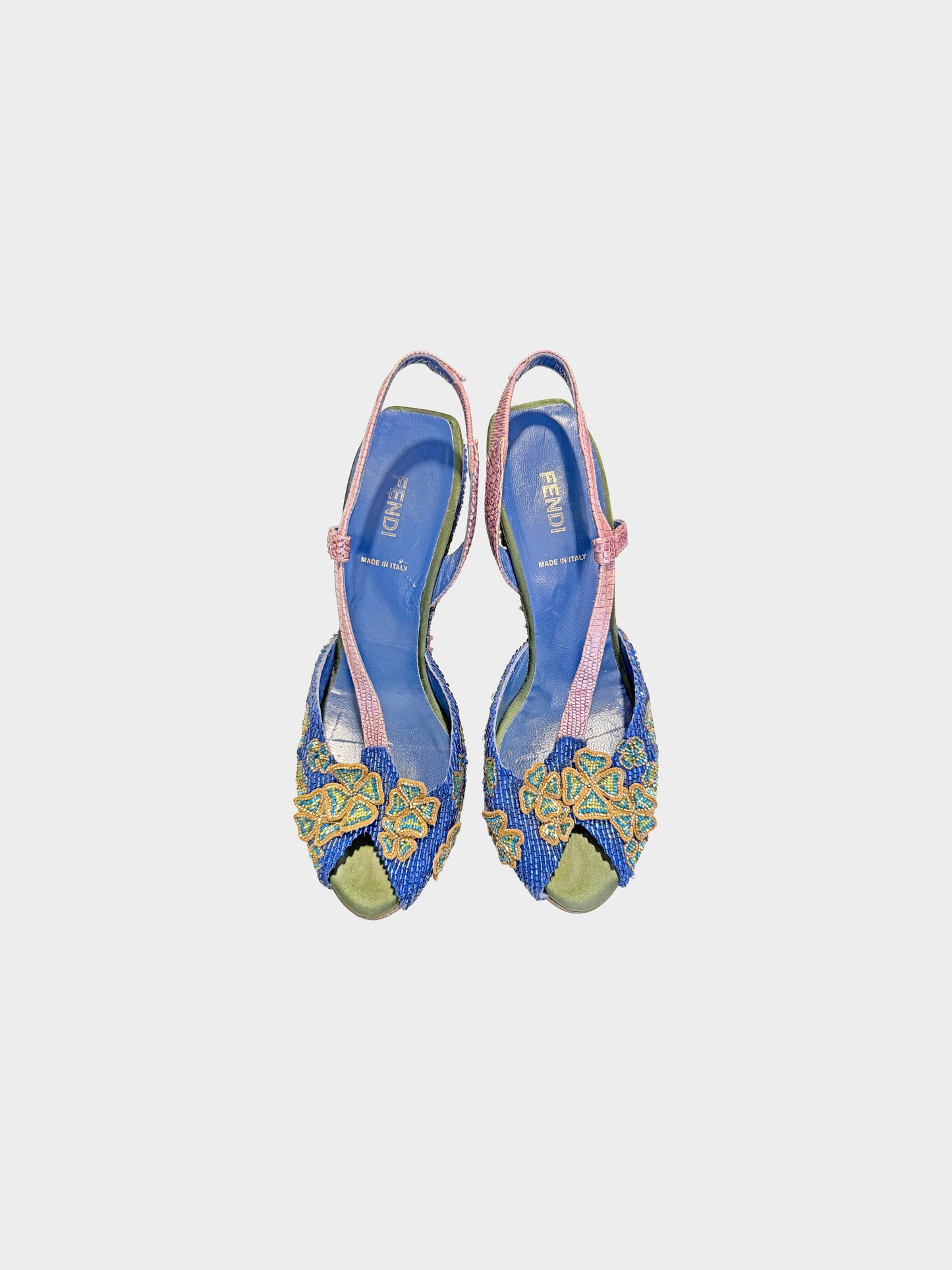 Fendi 2005 Rare Beaded Clover and Floral Motif Peep-toe Wedge Heels