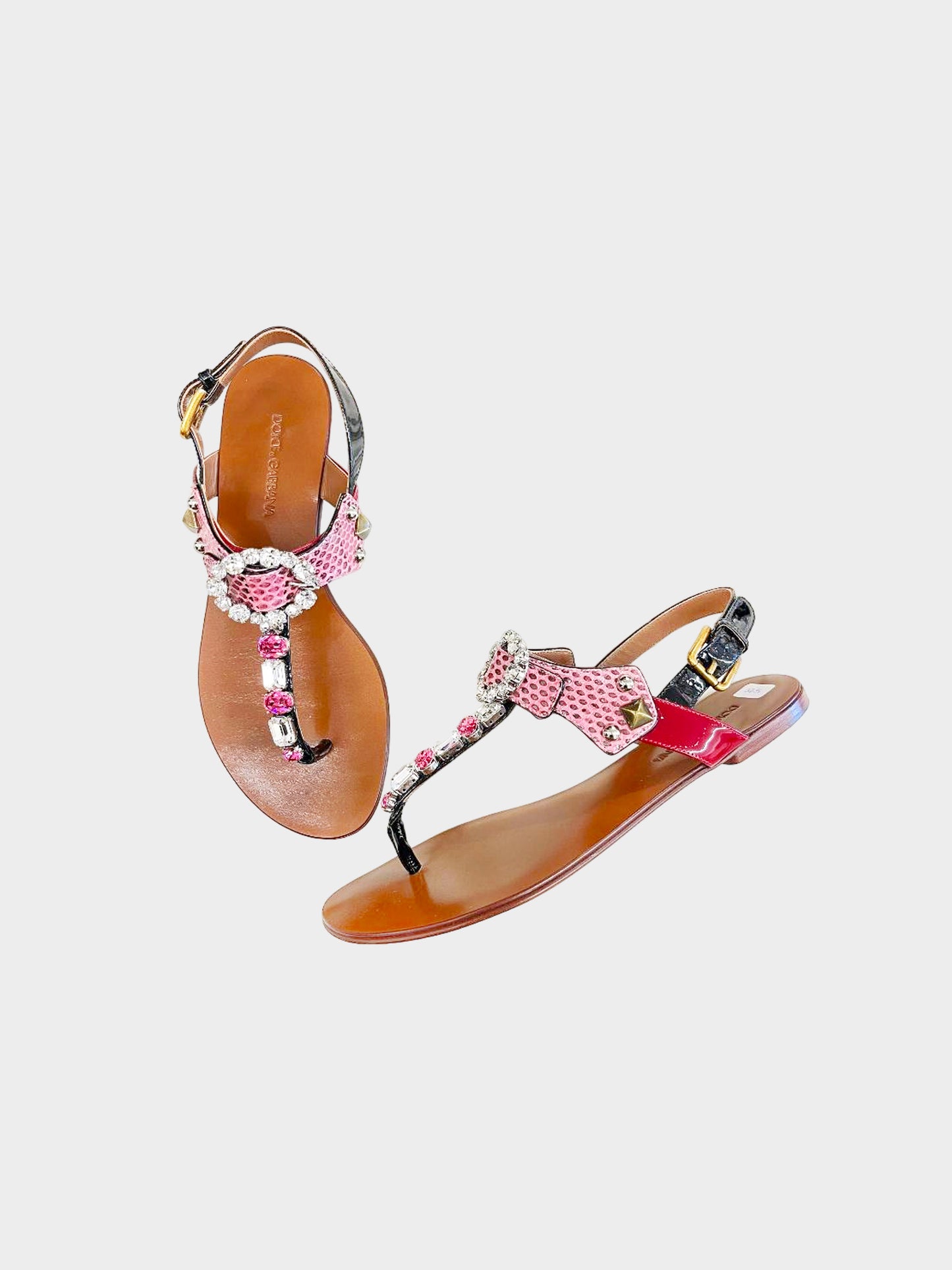 Dolce and Gabbana 2020s Pink Snakeskin Thong Sandals with Crystals