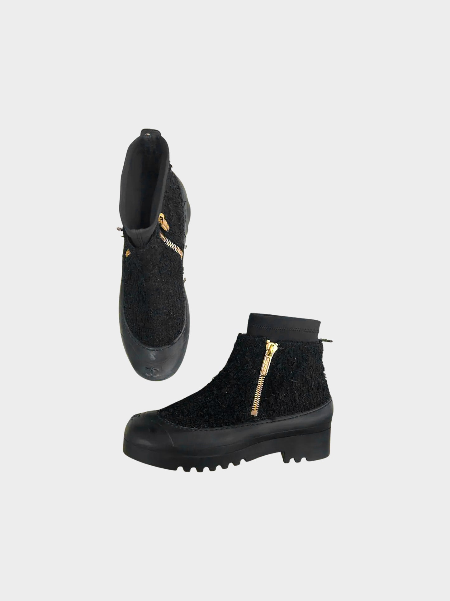 Chanel FW 2019 Black Tweed and Rubber Ankle Boots