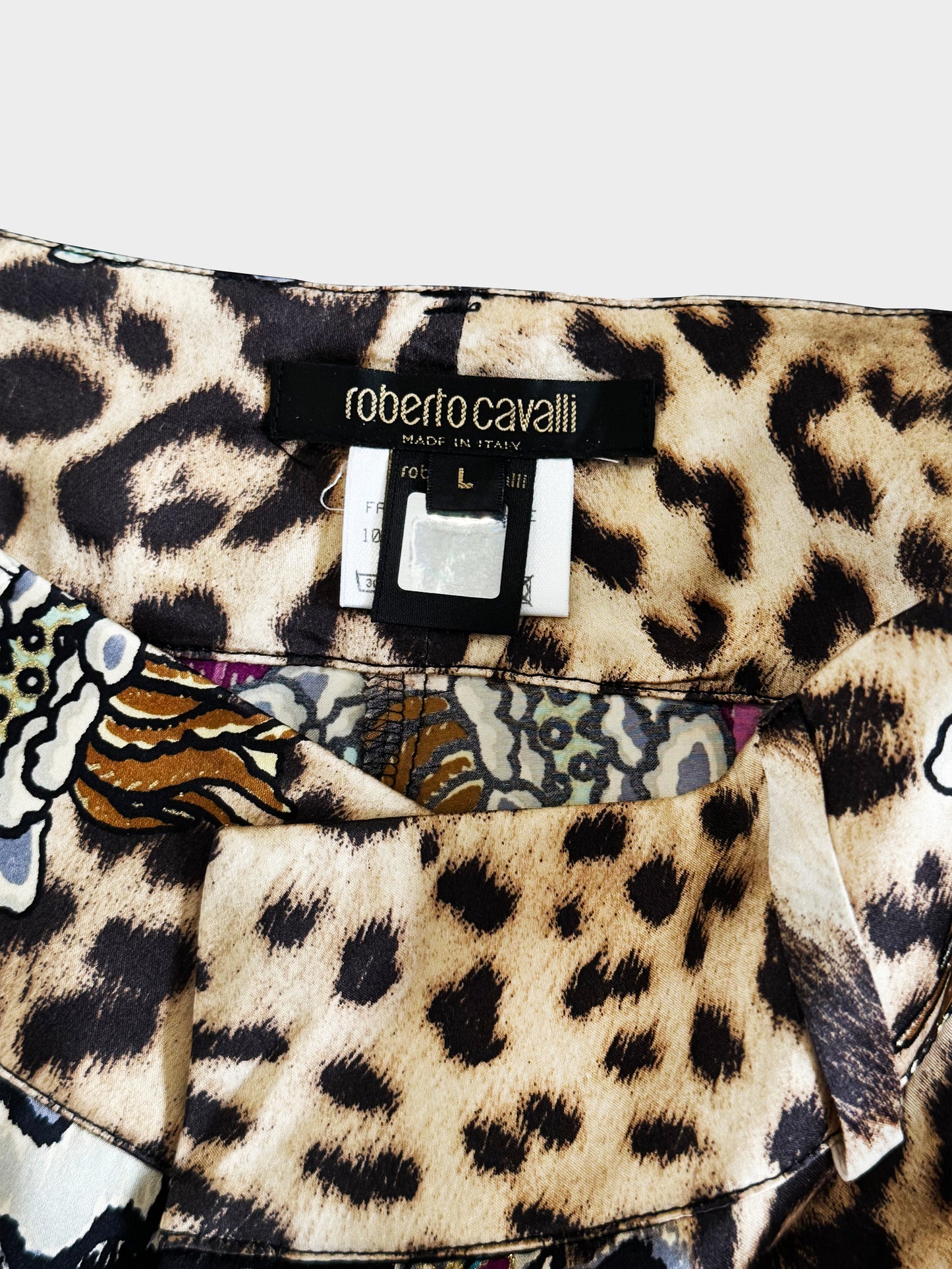 Roberto Cavalli 2000s Black Leopard and Floral Pattern Silk Pants