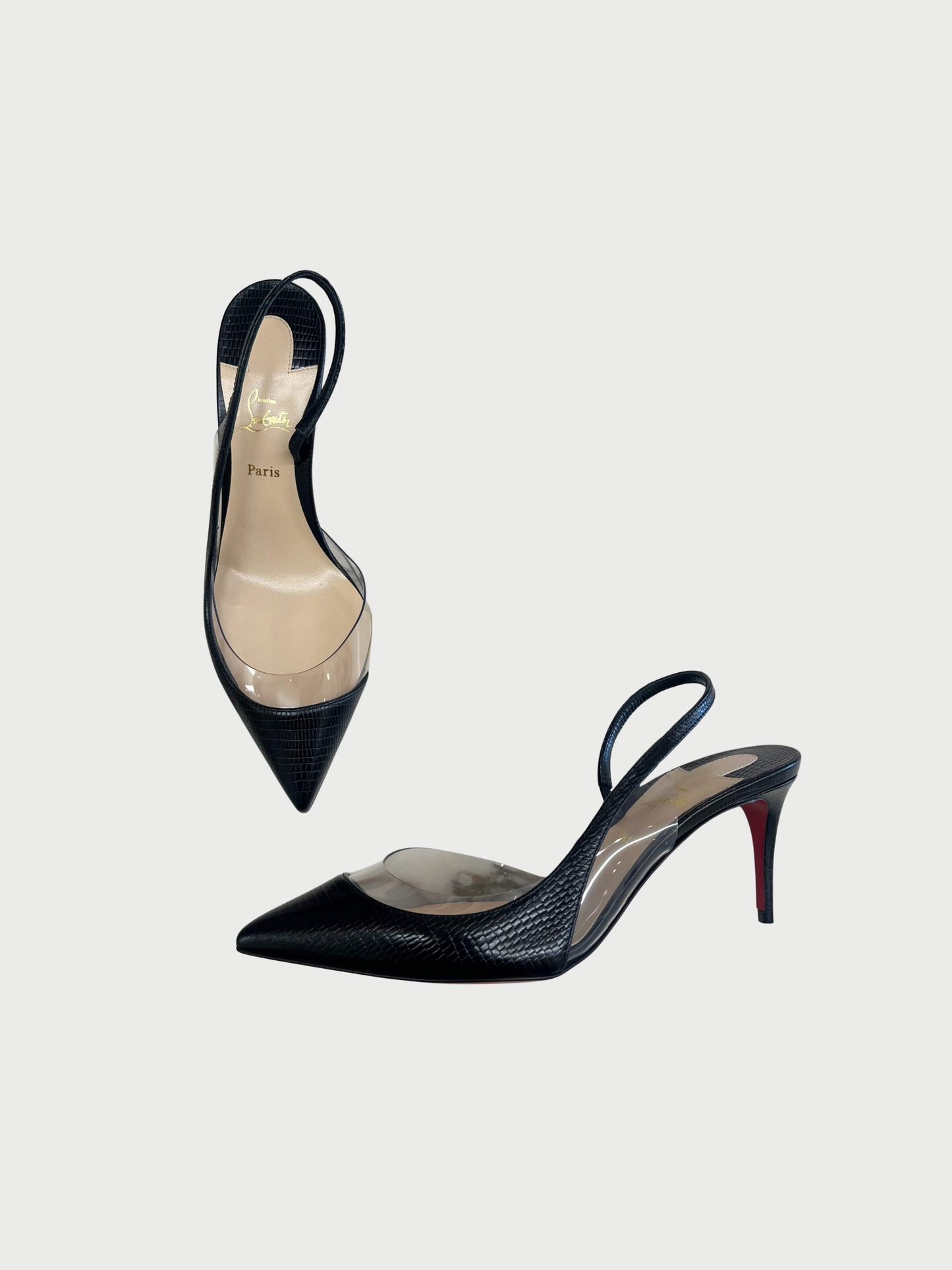 Christian Louboutin 2020s Black Leather PVC Optisexy 70 Slingback Heels