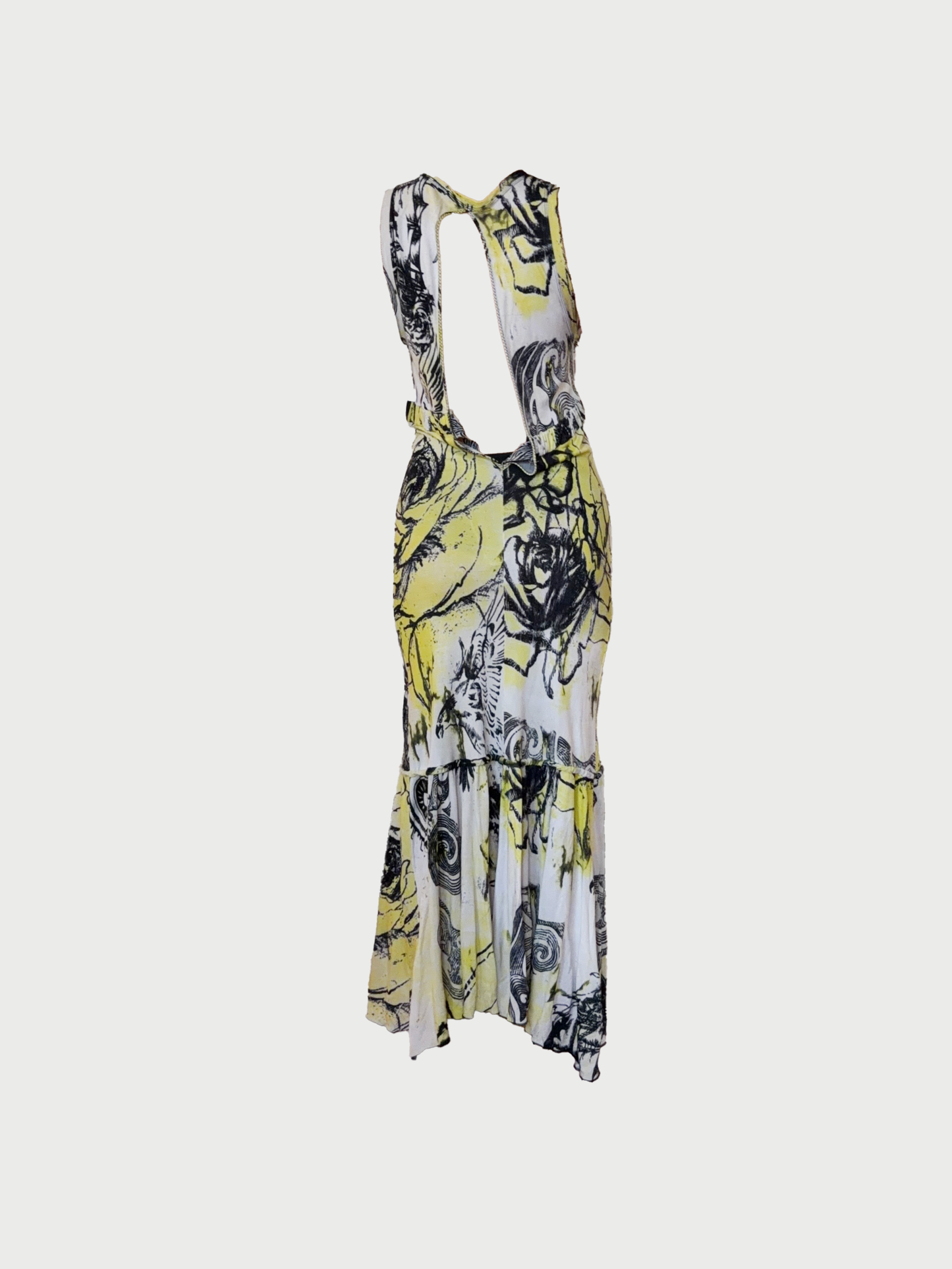 Roberto Cavalli Class 2000s White Yellow Printed Mesh Maxi Dress