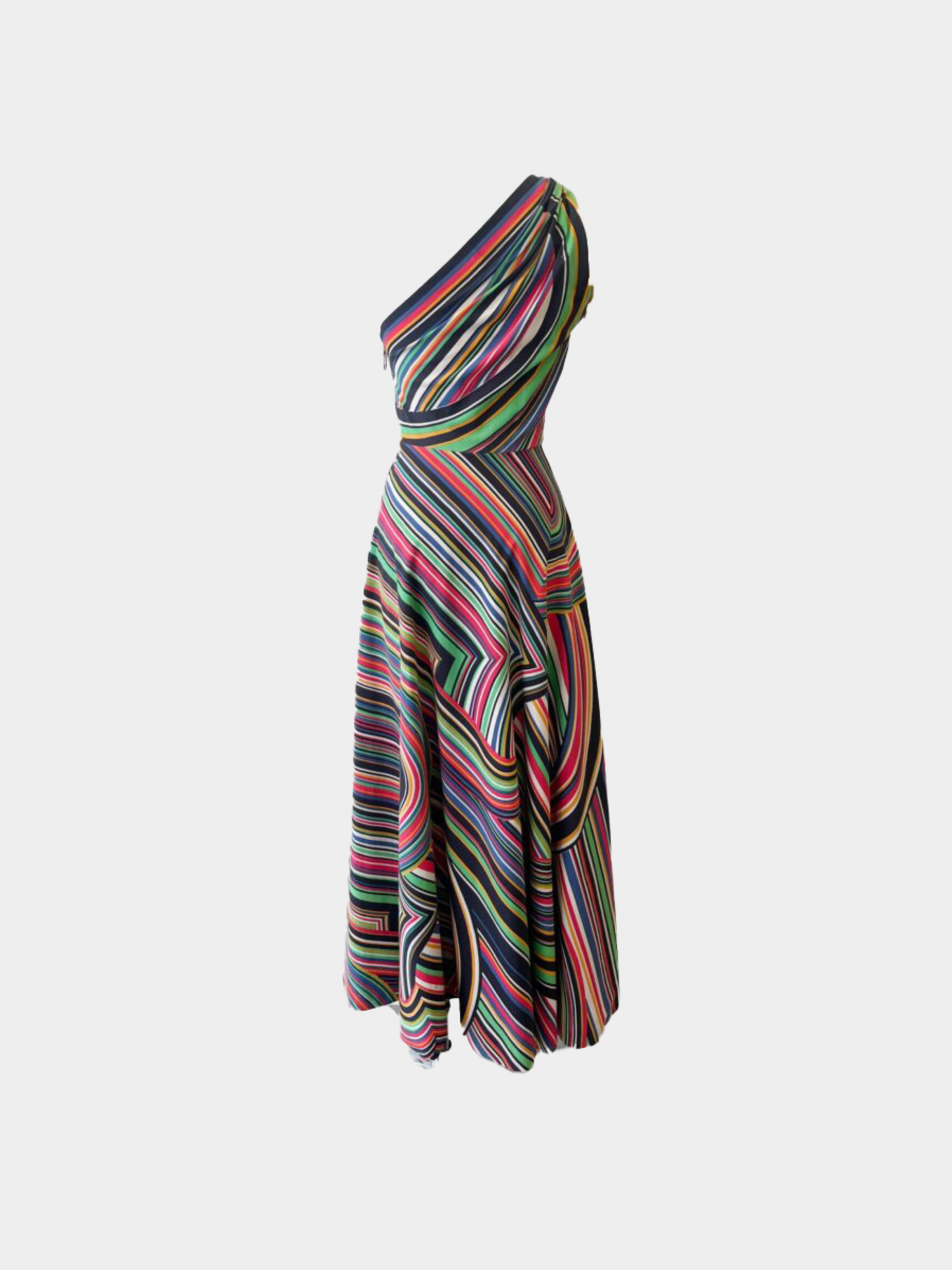 Lanvin by Jules-François Crahay SS 1972 Multicolor Striped Cotton One-Shoulder Gown