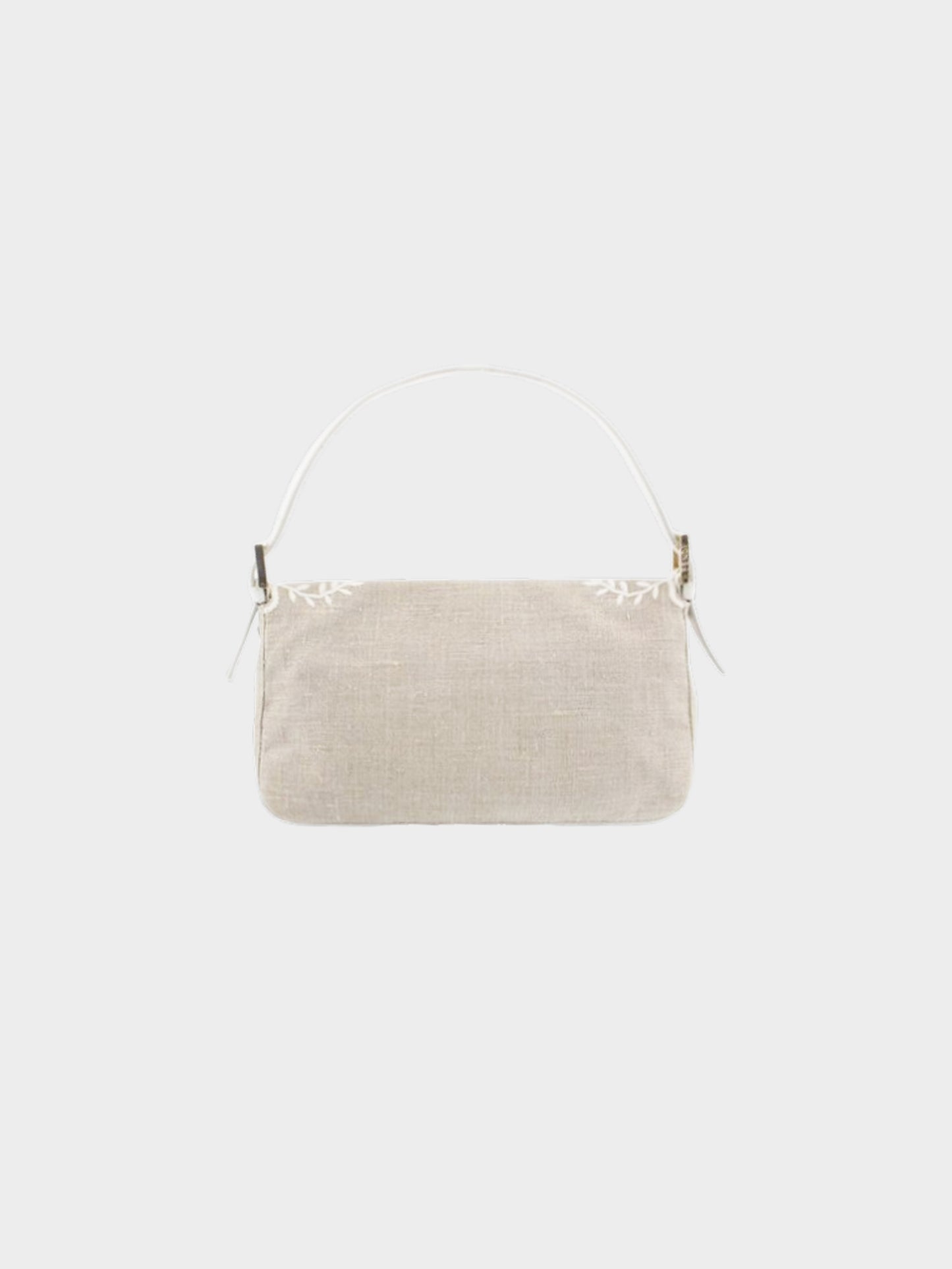 Fendi 2000s Beige and White Floral Embroidered Linen Baguette