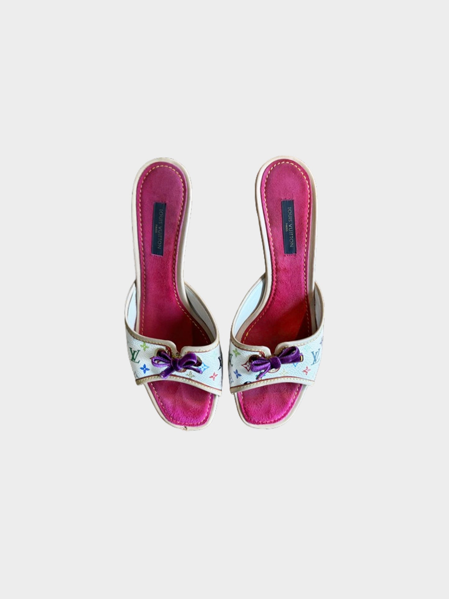 Louis Vuitton 2005 White Multicolor Monogram Leather Heels with Purple Ribbon